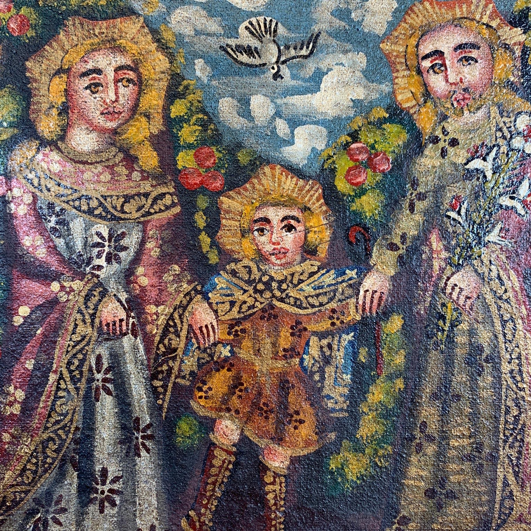 Hand-Painted Cuzco School Oil Painting on Canvas of the Holy Family For Sale
