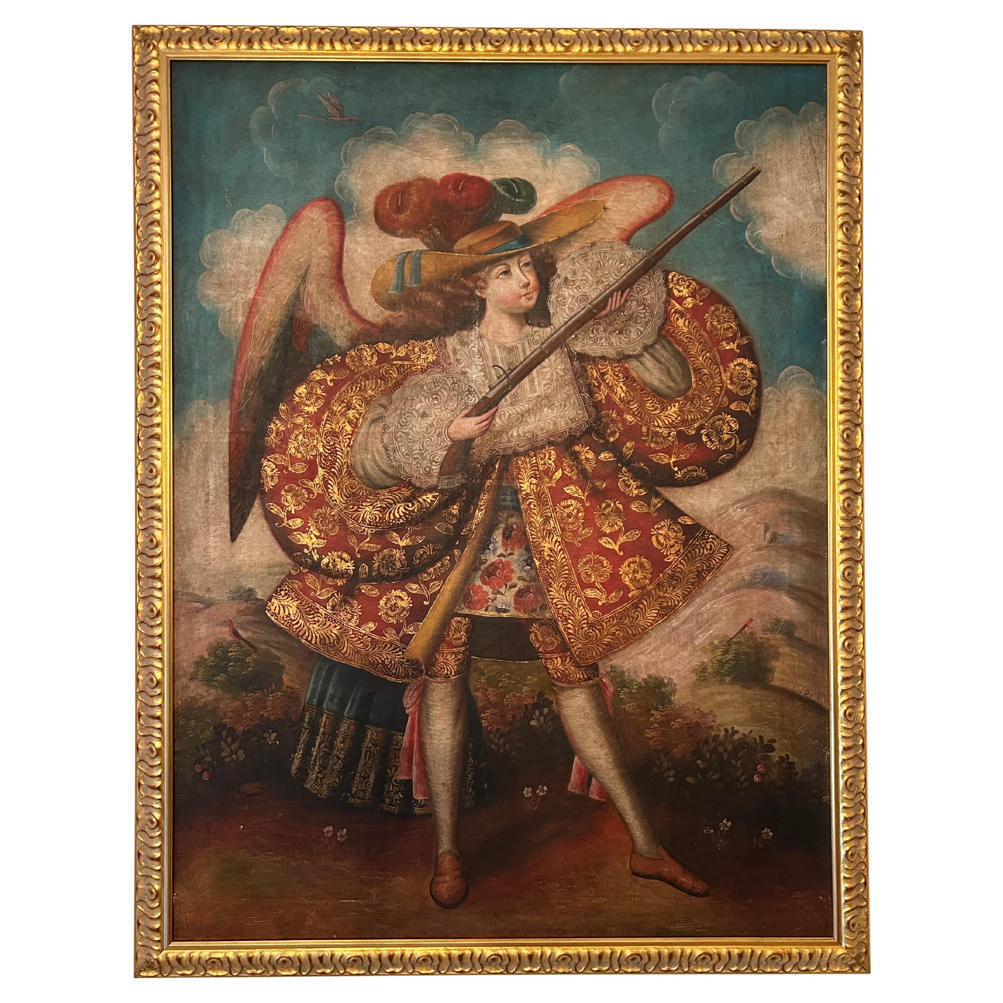 Cuzco School Painting, Angel With Arquebus, 18th Century
