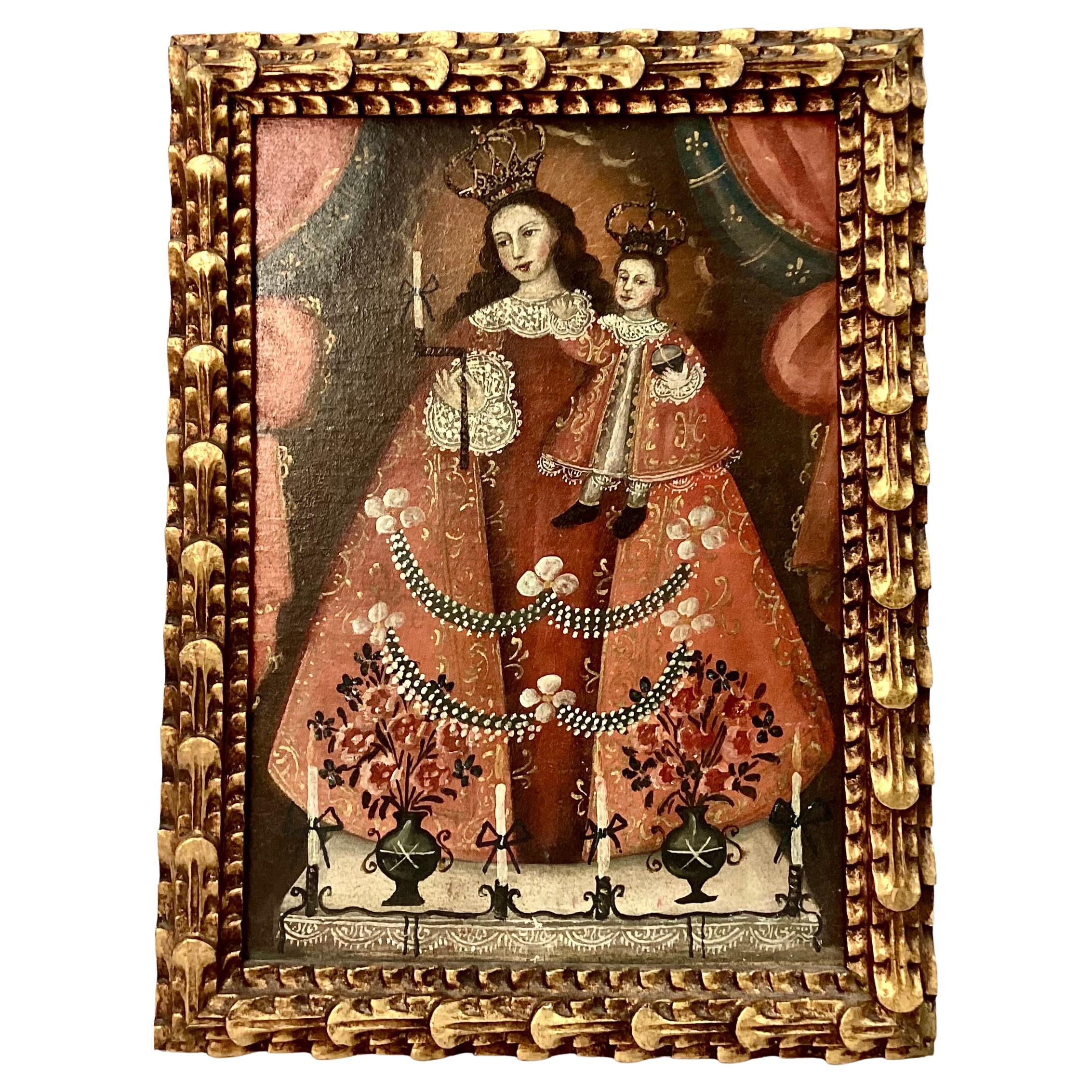 Cuzco School oil on canvas mounted on board, Madonna with Child. Depiction of a Colonial Style Madonna with child in her left arm, both wearing crowns. Carved gilt wood frame. Measurements include frame.
The unidentified artist who painted this was