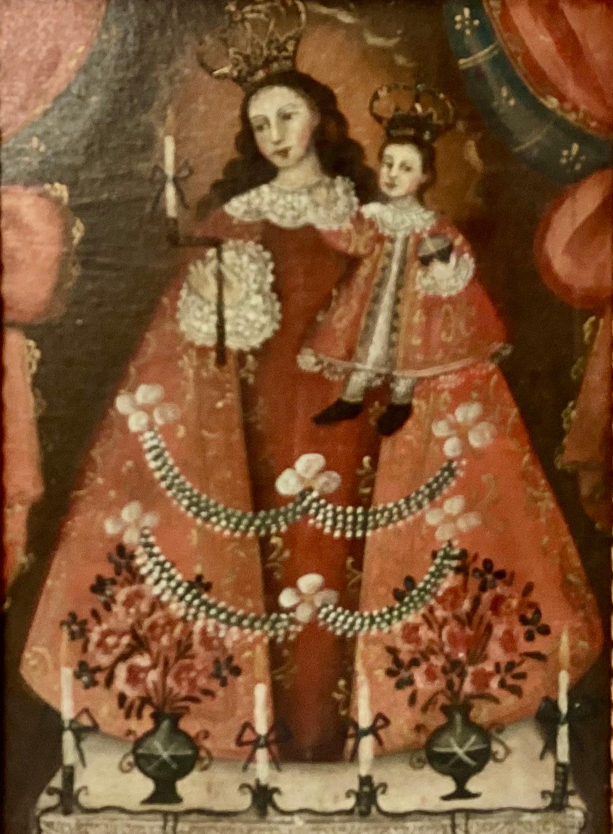 Spanish Colonial Cuzco School Painting Of Madonna And Child 