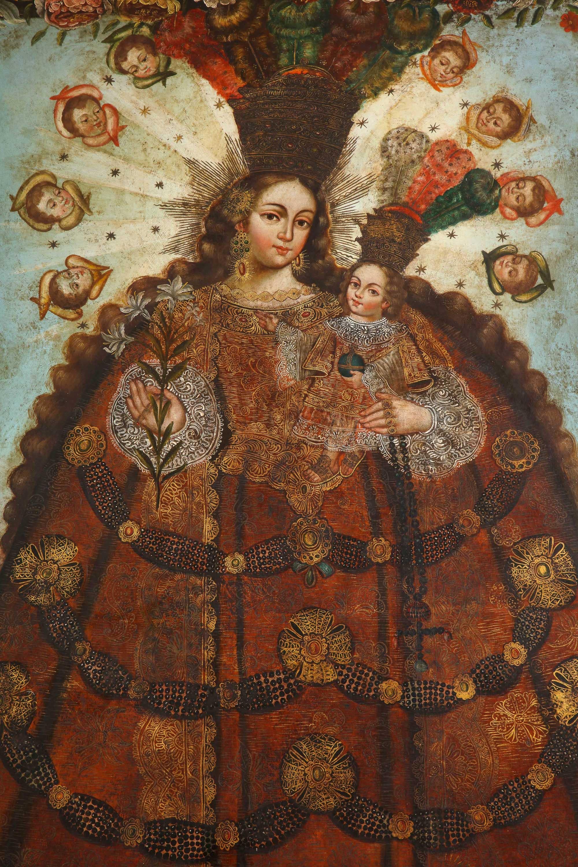 Virgin of Pomata, also referred to as Pachamama
Cuzco, Peru

Exceptional 18th Century Cuzco school depiction of the Virgin Mary and Christ child, both wearing feathered headdresses and with angels surrounding her halo rays, he holding an orb, she