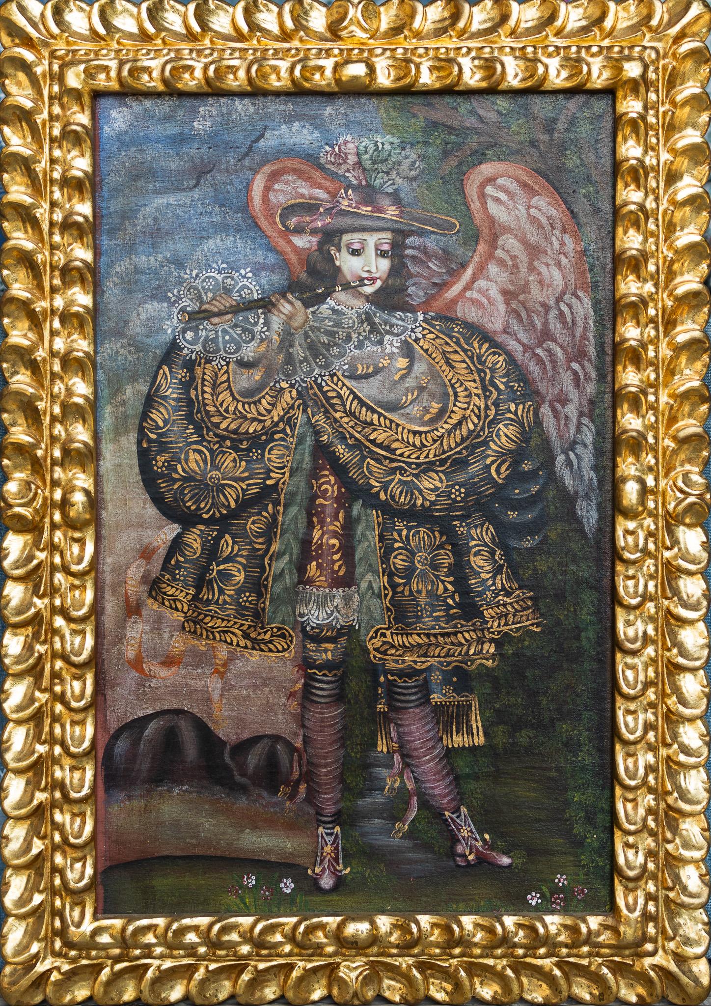 Art Angels con flauto, Scuola di Cuzco, arte cattolica peruviana - Painting di Cuzco School