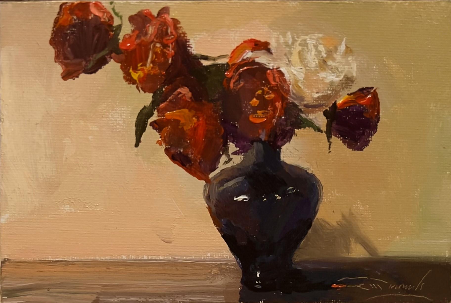 C.W. Mundy's "Red Roses & Blue Vase" (2024) is an original, handmade oil painting that depicts a still-life featuring vibrant red roses in a dark blue vase on a wooden table.

About the Artist: 
C.W. Mundy, an American impressionist, was born in