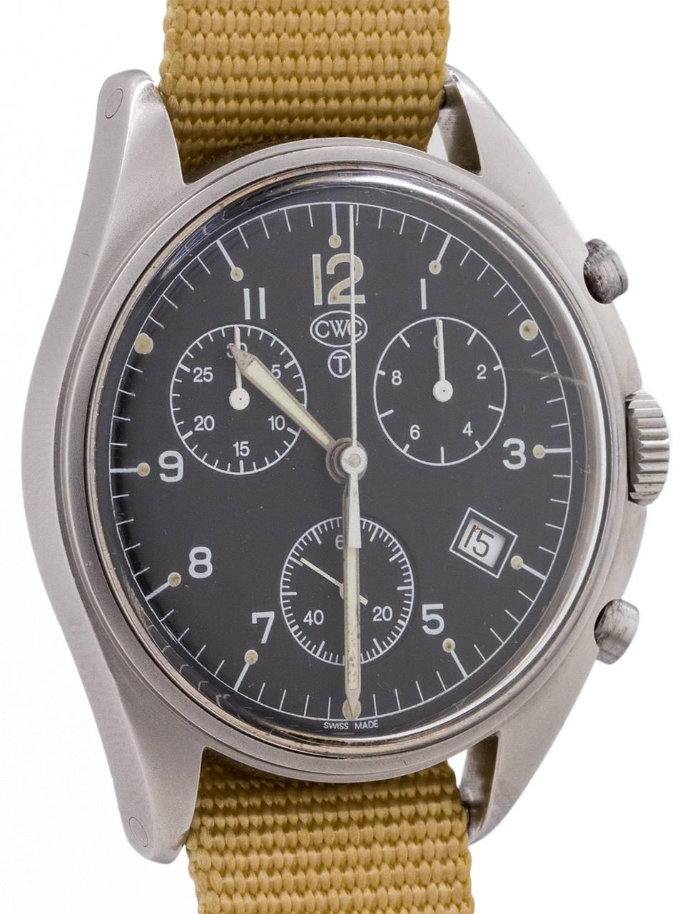 
Cabot Watch Company CWC Quartz Pilots chronograph watch, in stainless steel, circa 1990’s. This particular piece was supplied by CWC in London directly to the Belgian Air Force, proven by the caseback which reads “BAF/034” The steel of the case,