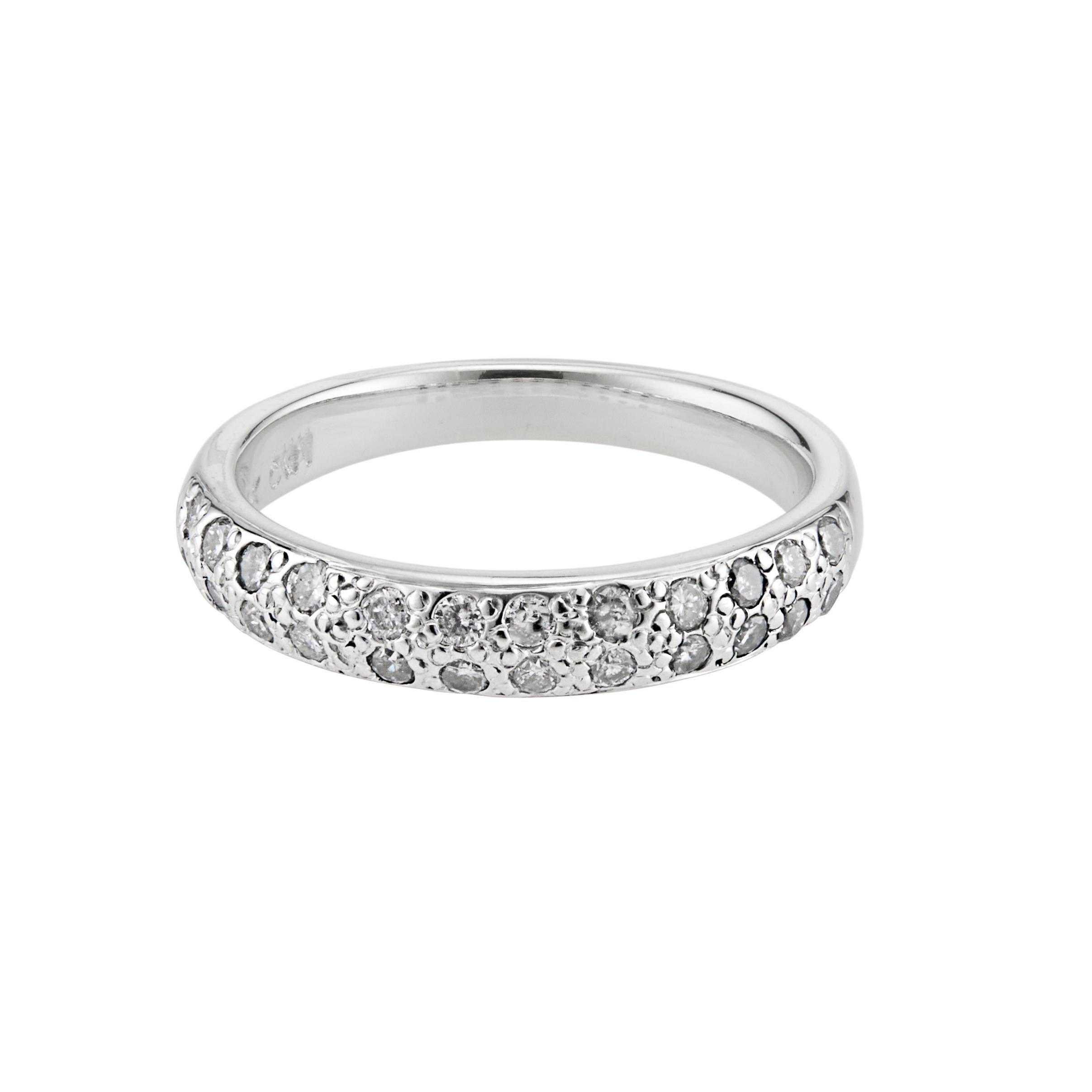CWI 14k white gold .33ct two row pave set with 24 round full cut diamonds. 

24 Round full cut diamonds, approx. total weight .33cts, H VS-SI 
Size 6 and sizable  
14k white gold 
Stamped: 14k CWI  
3.2 grams    
 Width at top: 3.9mm  
Height at