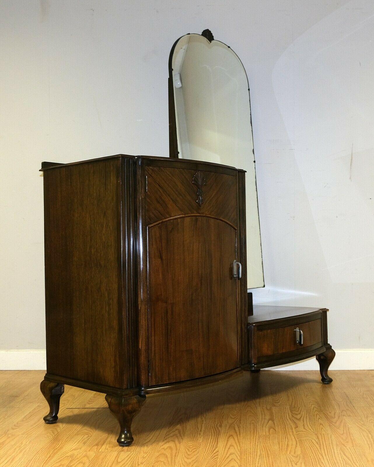 C.W.S Art Deco Walnut Dressing Table on Cabriole Legs Full Mirror & Three Drawer For Sale 3