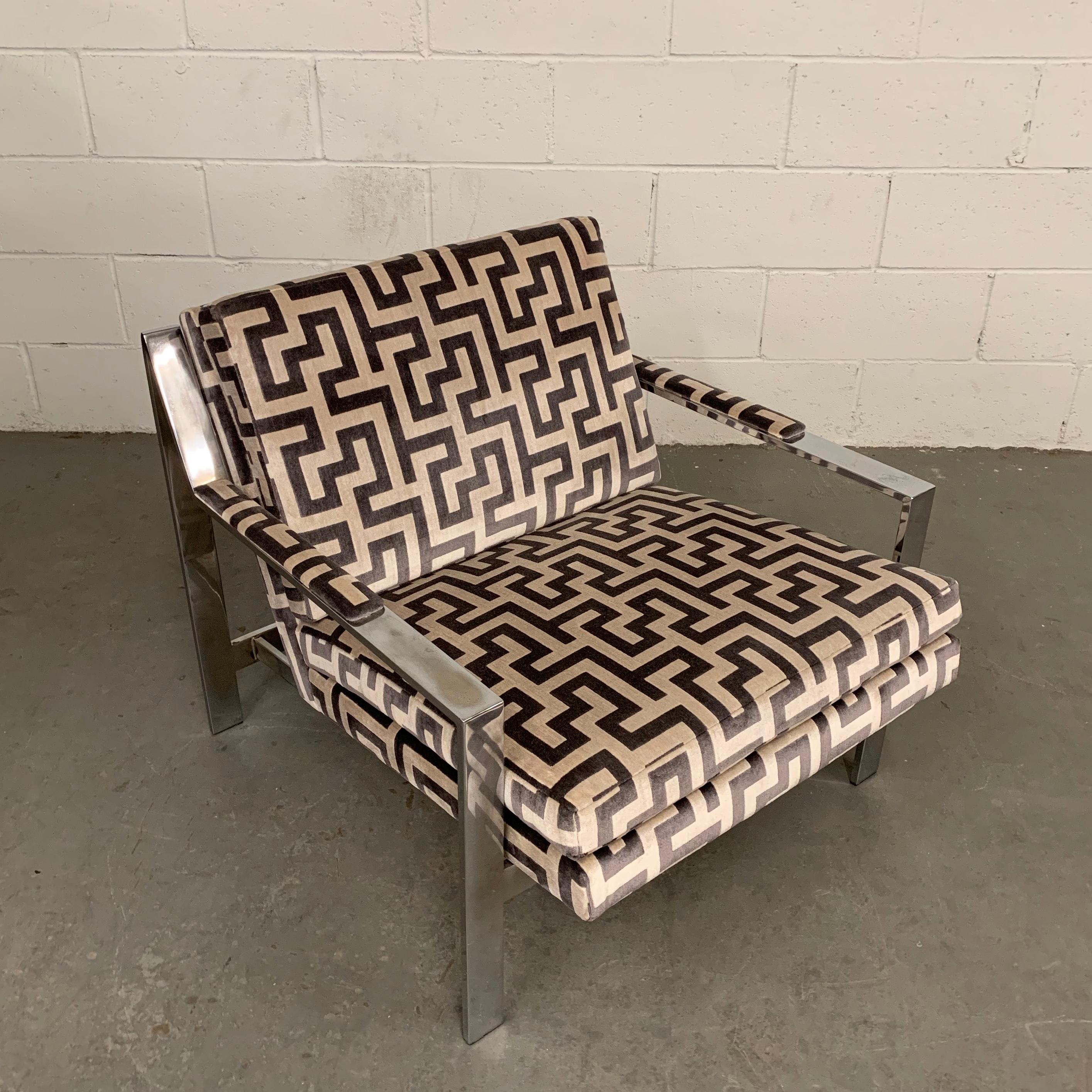 Mid-Century Modern, model #232, lounge chair by Cy Mann, in the style of Milo Baughman features a flat bar chrome frame with new upholstery in a stunning, Keith Haring inspired, geometric, velvet print. We also have a Milo Baughman for Thayer Coggin