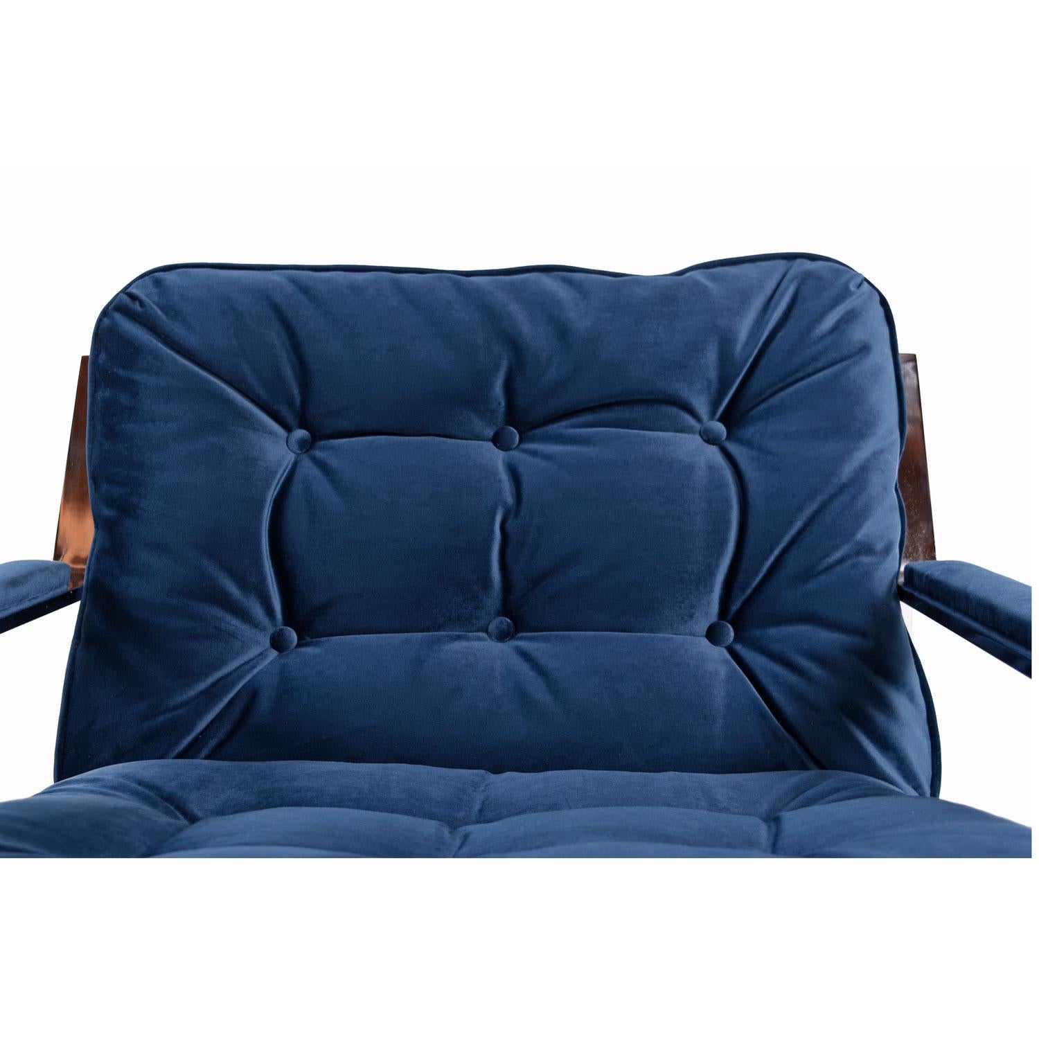 Mid-Century Modern Milo Baughman Style Cy Mann Flat Bar Chrome Lounge Chair, New Navy Blue Velvet