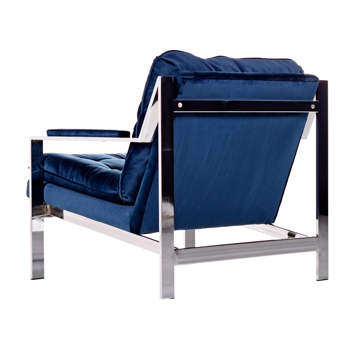 American Milo Baughman Style Cy Mann Flat Bar Chrome Lounge Chair, New Navy Blue Velvet