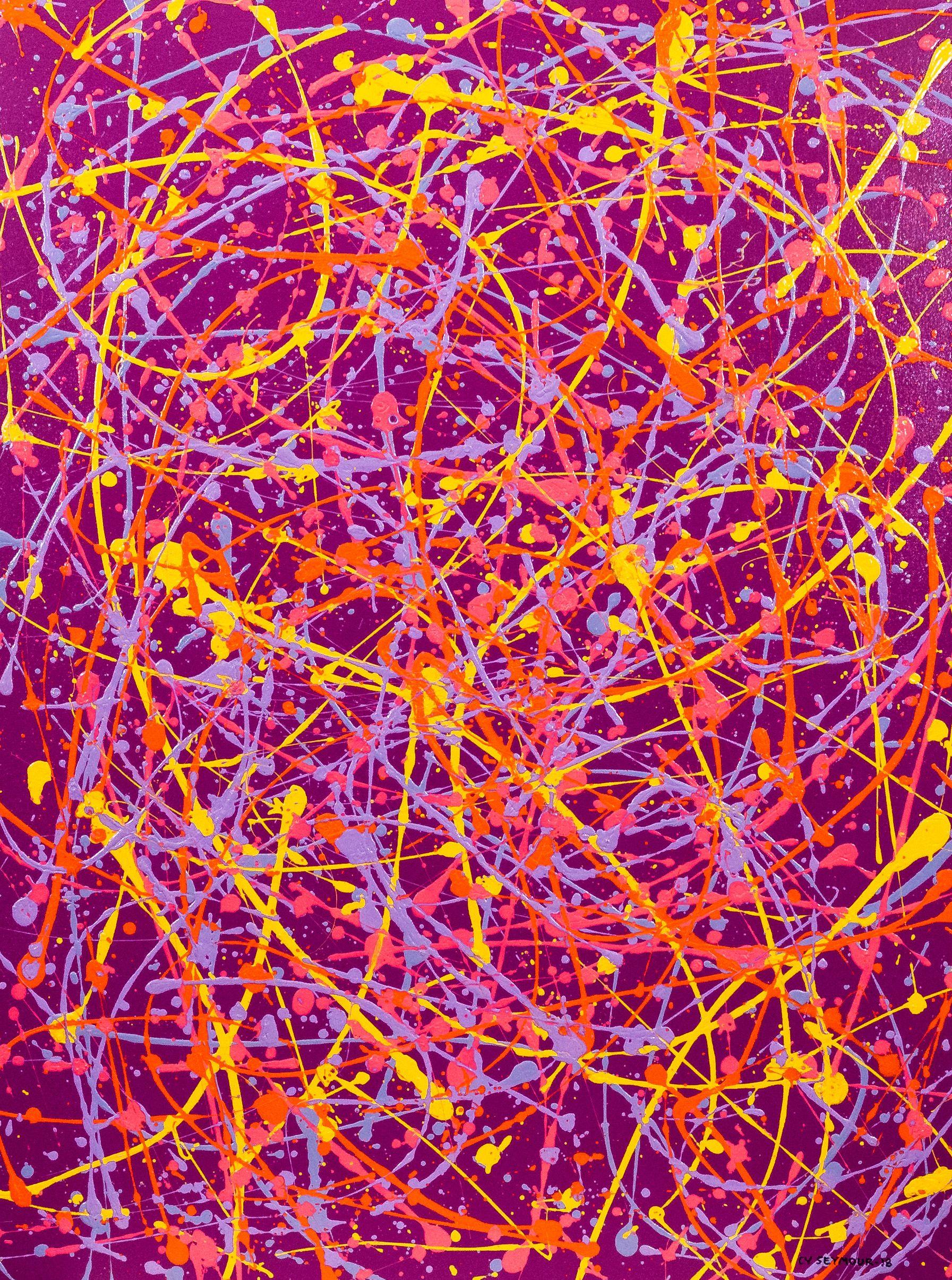Hot Pink, French Lavender, Peachy Orange, Lemon Yellow on Matte Indigo.  Can be presented horizontally or vertically. :: Painting :: Abstract Expressionism :: This piece comes with an official certificate of authenticity signed by the artist ::