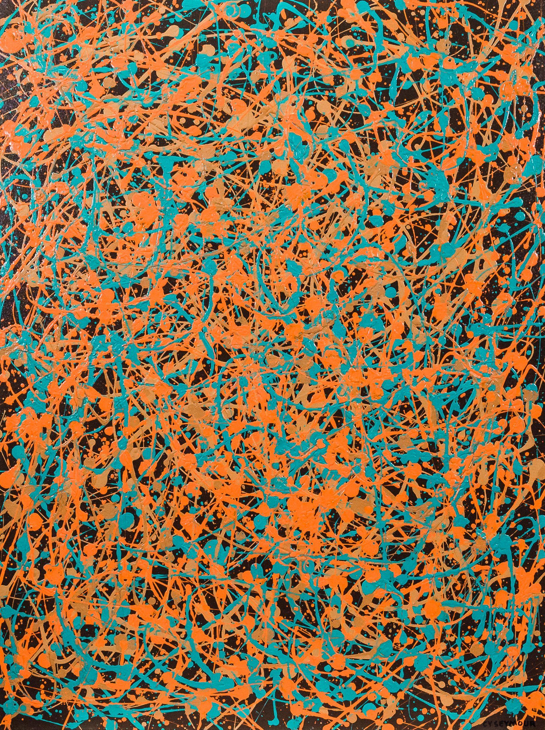 Soft Turquoise, Mandarin Orange, Chocolate Brown on Black.  Can be presented horizontally or vertically. :: Painting :: Abstract Expressionism :: This piece comes with an official certificate of authenticity signed by the artist :: Ready to Hang:
