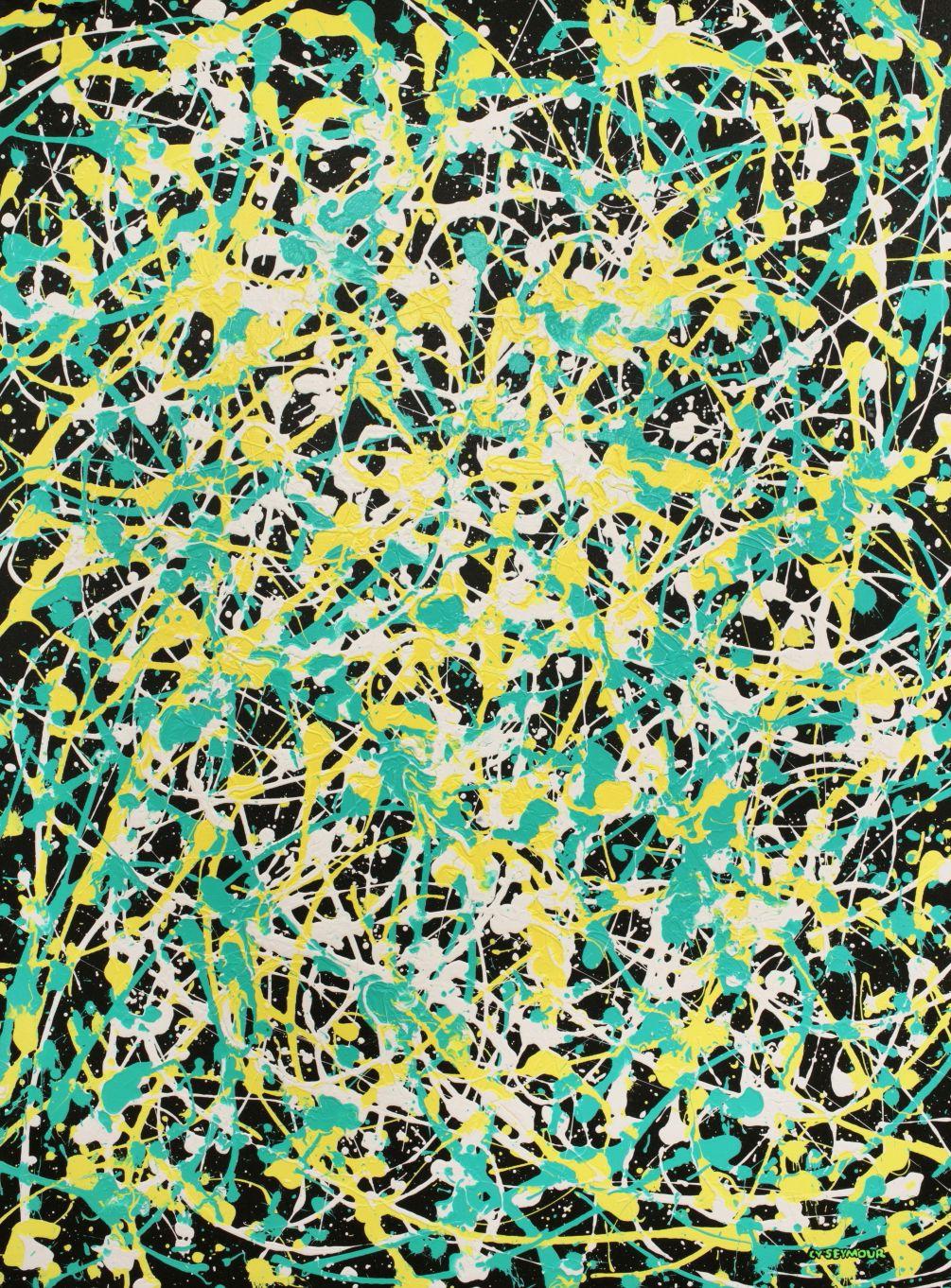 Minty Green, Limoncello Yellow and White on Black.  Can be presented horizontally or vertically. :: Painting :: Abstract Expressionism :: This piece comes with an official certificate of authenticity signed by the artist :: Ready to Hang: Yes ::