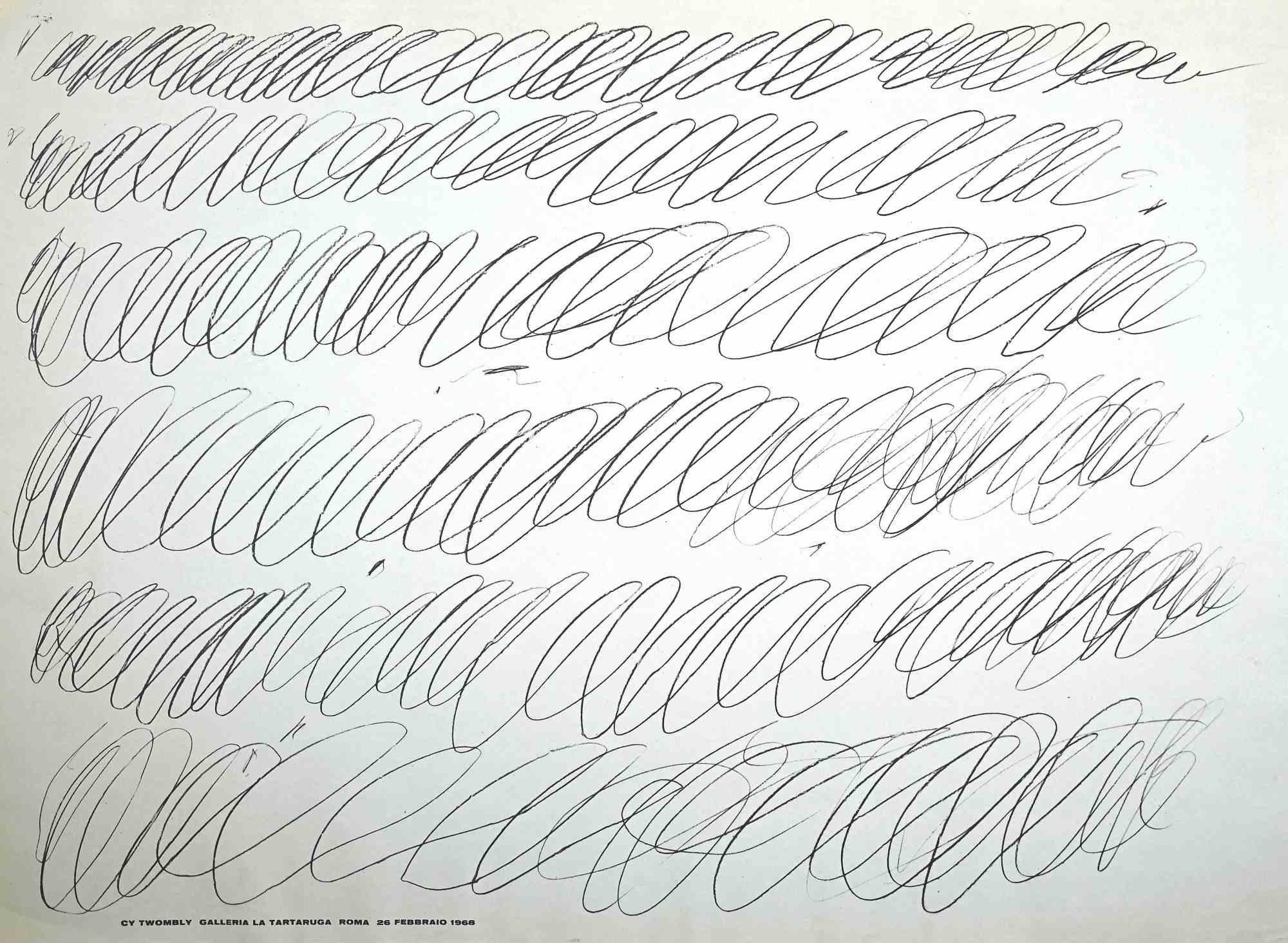 Cy Twombly Exhibition Galleria La Tartaruga 1968 is a very rare and precious exhibition offset and lithograph print on ivory colored paper.

The artwork was realized in the occasion of the first artist's exhibition in Italy at Galleria La Tartaruga