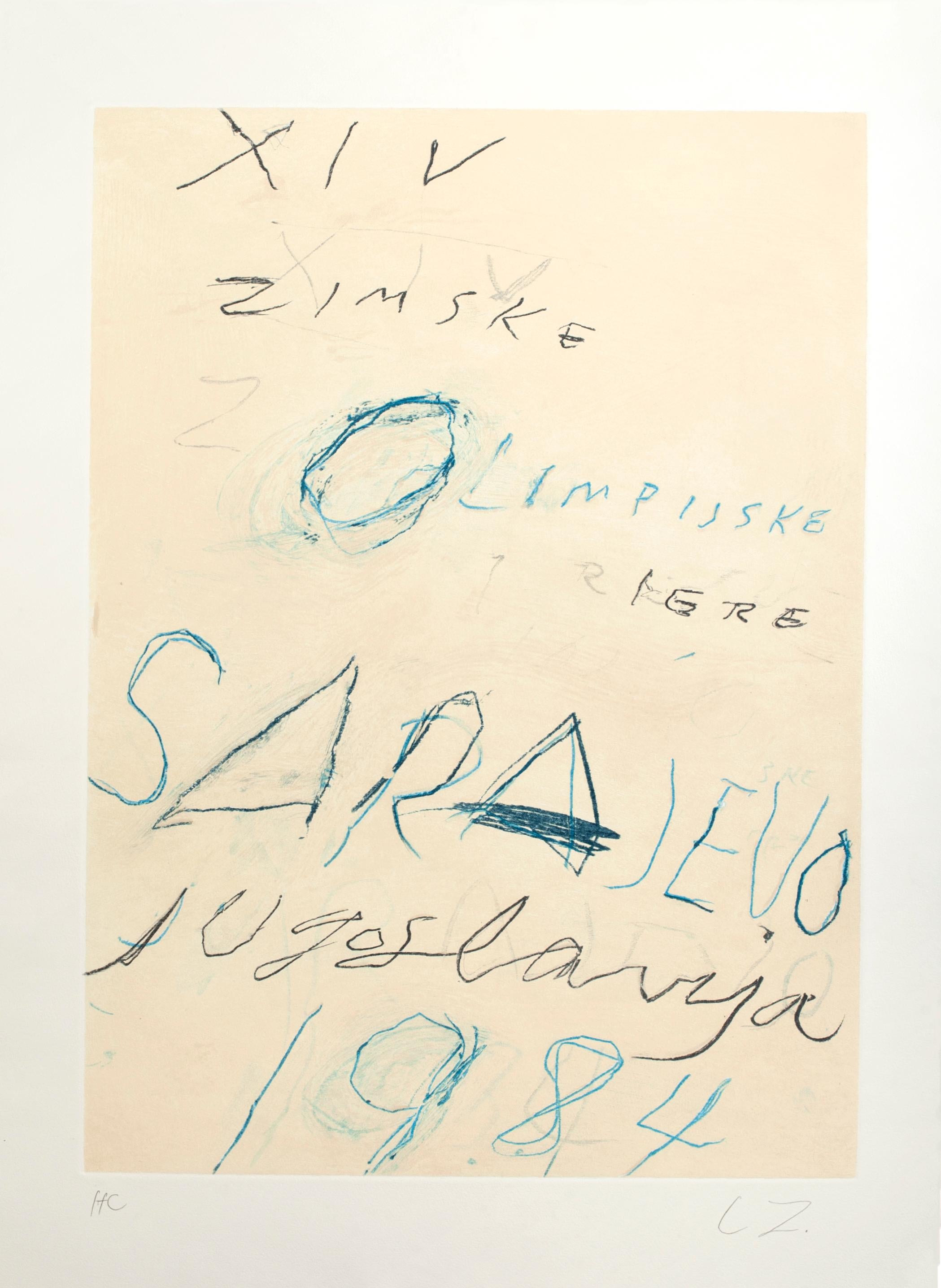 Untitled, Sarayevo Winter Olympic Games 1984, is an etching with aquatint and lithograph in colors realized by Cy Twombly on the occasion of the Winter Olympics Games 1984 in Sarajevo. 
Realized on White Arches Paper.
Image dimensions: 75.3x54.7