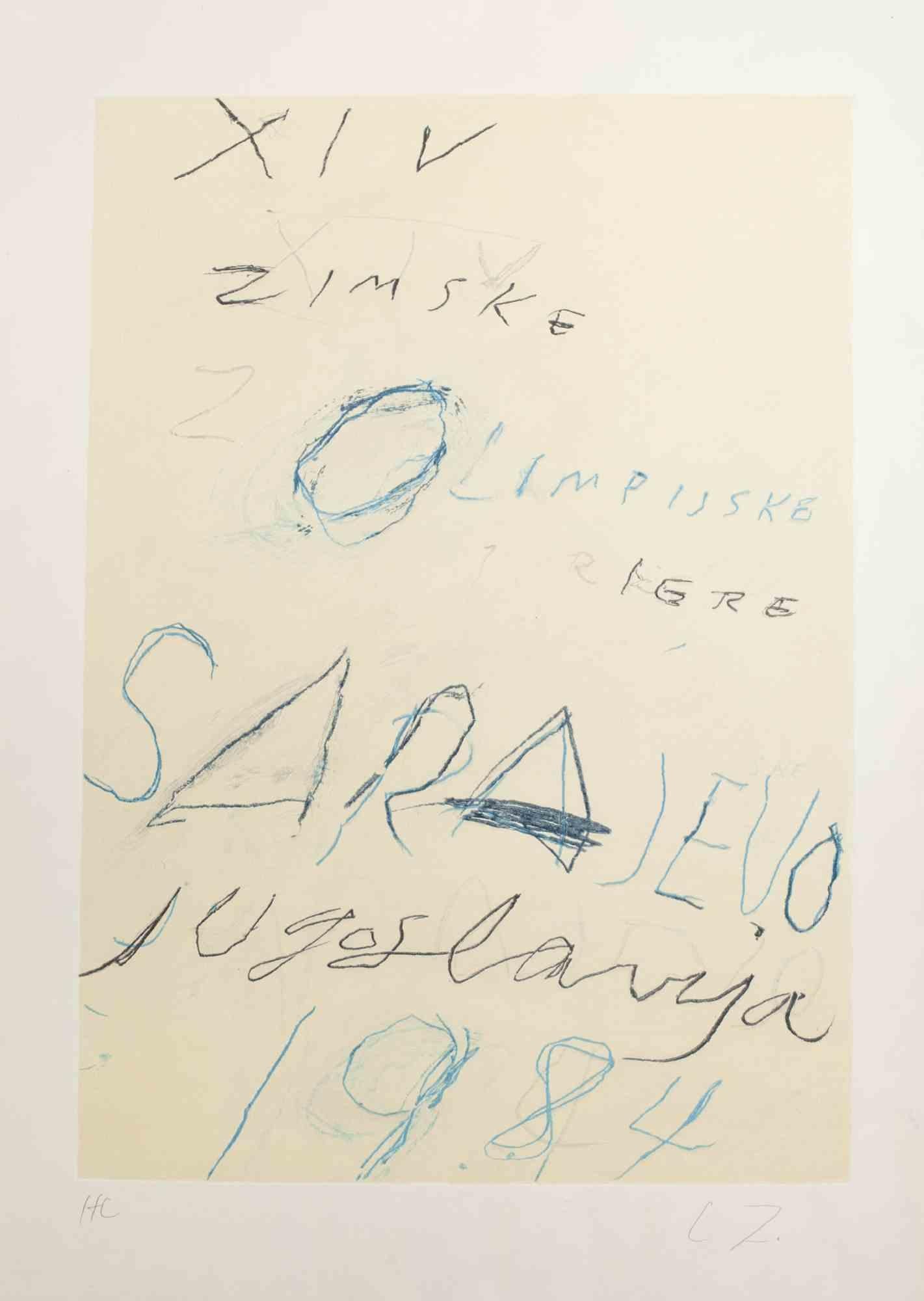 Untitled, Sarayevo Winter Olympic Games 1984, is an etching with aquatint and lithograph in colors realized by Cy Twombly on the occasion of the Winter Olympics Games 1984 in Sarajevo. 
Realized on White Arches Paper.
Image dimensions: 75.3x54.7