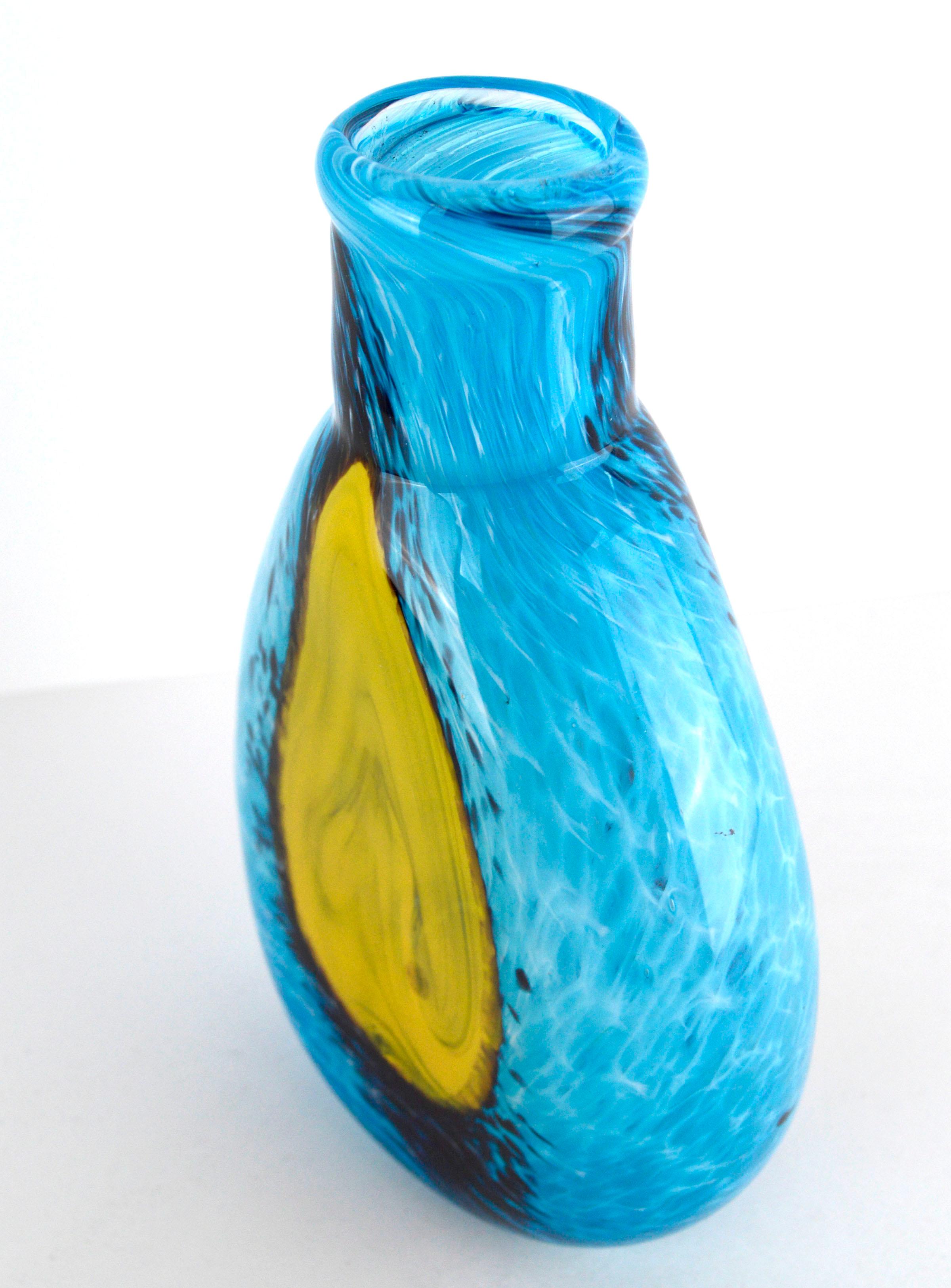 American Modern Cyan Blue & Yellow Blown Glass Vase, Signed M. Saull For Sale
