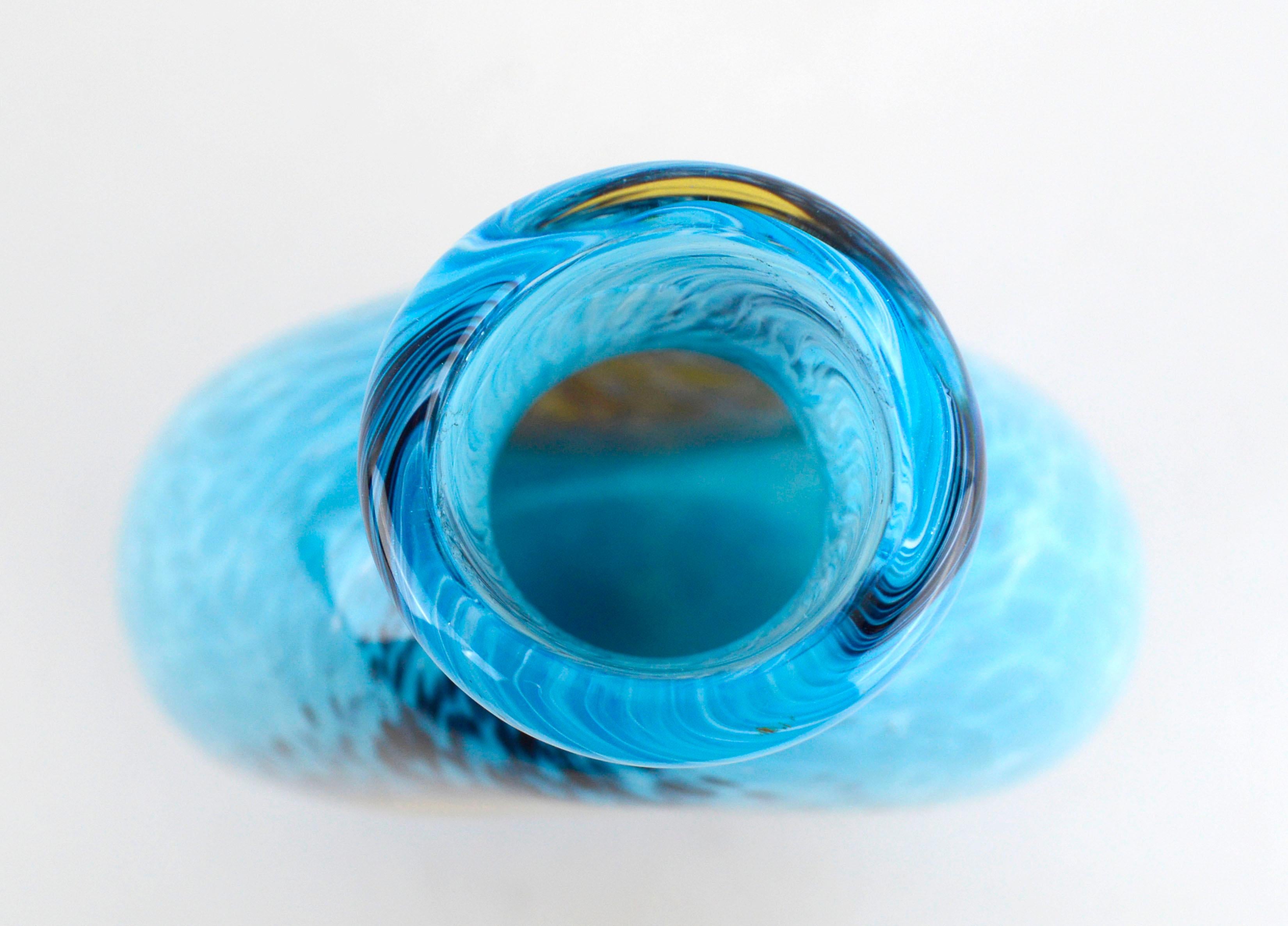 Hand-Crafted Modern Cyan Blue & Yellow Blown Glass Vase, Signed M. Saull For Sale