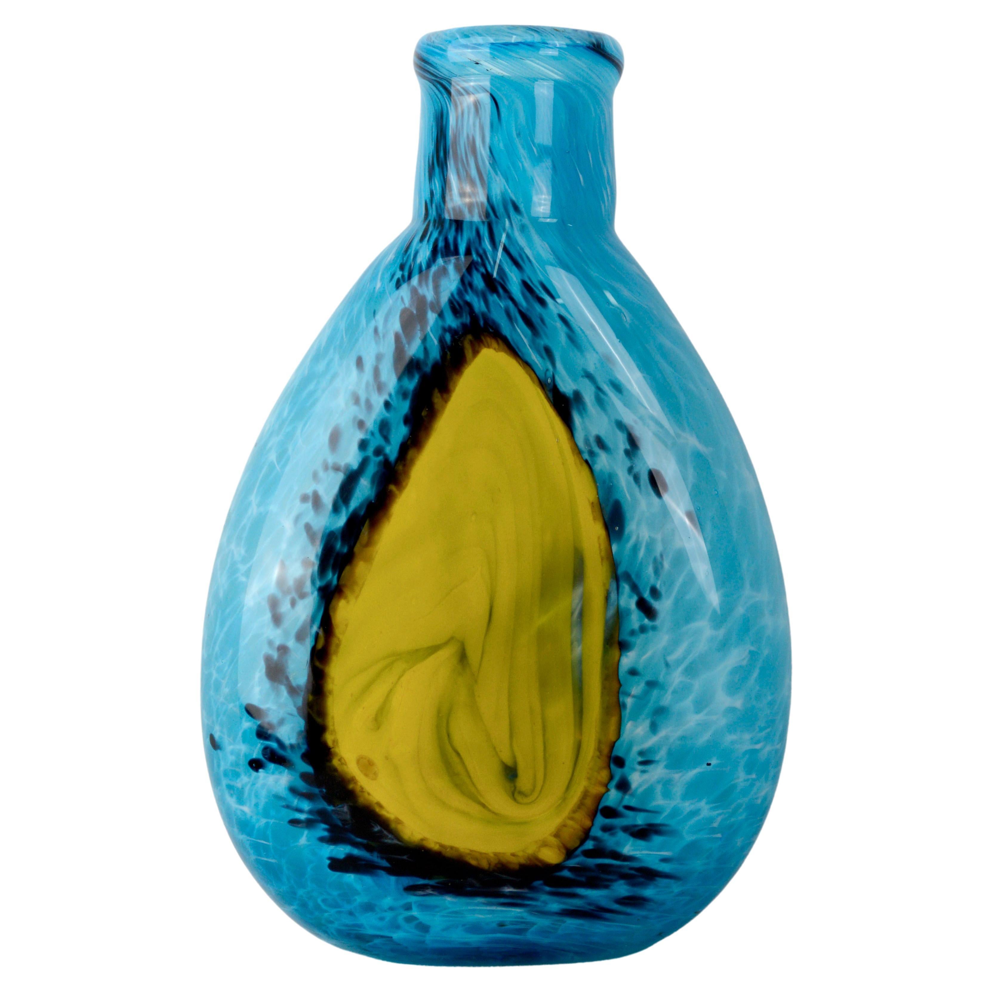 Modern Cyan Blue & Yellow Blown Glass Vase, Signed M. Saull For Sale