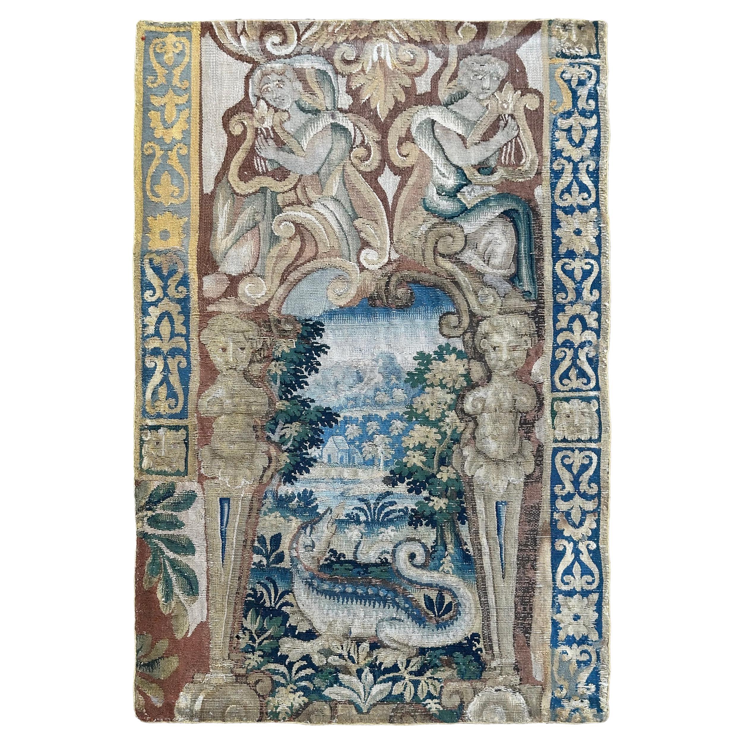 CYBER DEAL, Antiker flämischer Wandteppich Feine Wolle&Seide Drache 61×91cm 2x3 c.1700 im Angebot