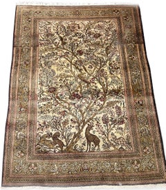 CYBER DEAL, Vintage Ghom Silk Tree of Life Rug 104cmx152cm Fine Tapestry 4x5