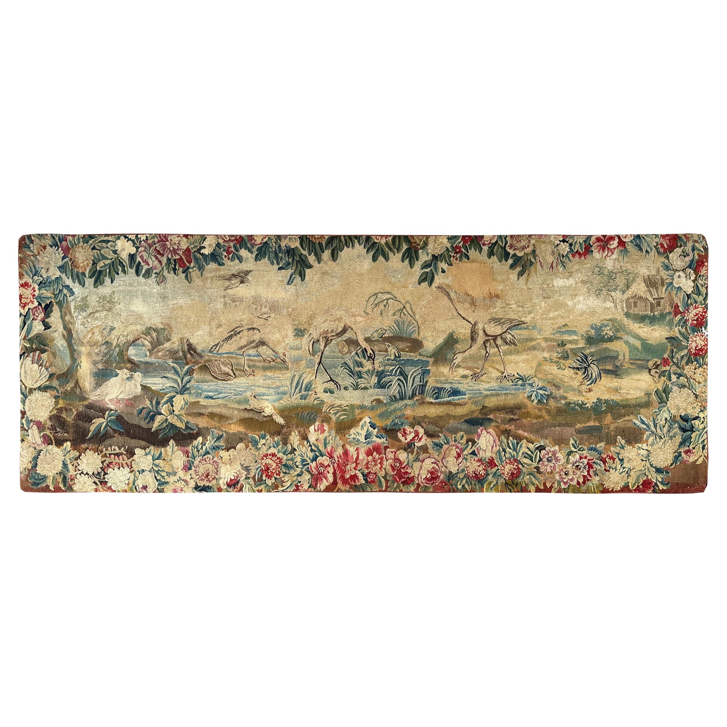 CYBERDEAL, Antique Aubusson Verdure Bird Tapestry Wool 
Silk 2x6 18Th Century en vente