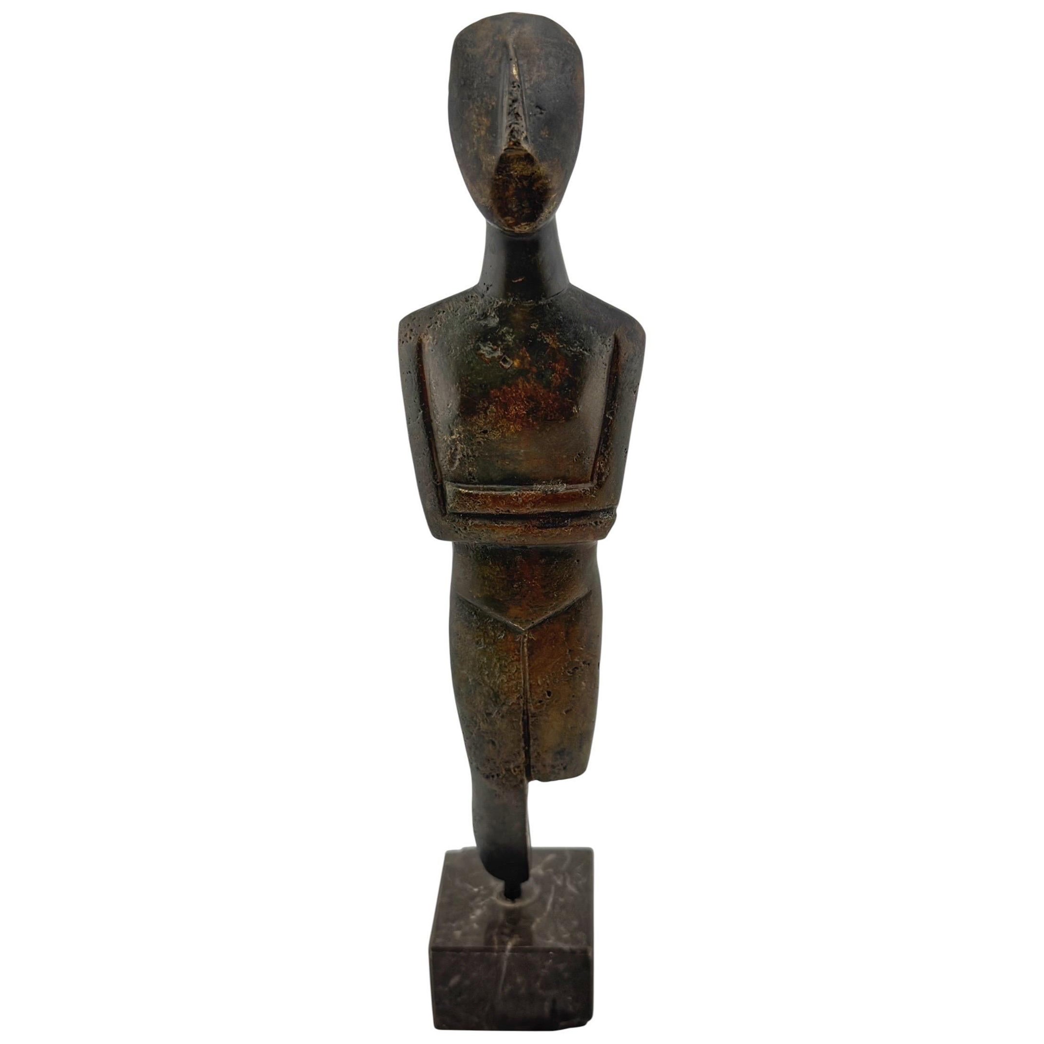 Cycladic Revival Bronze Figure on Marble Base, European, circa 1950s