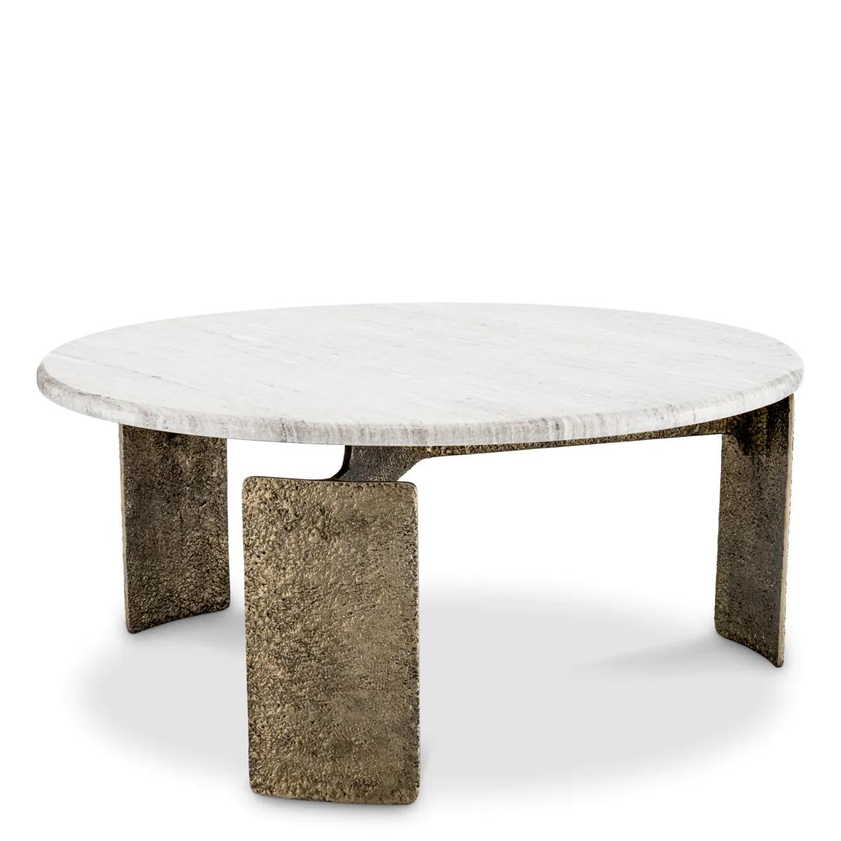 Table basse Cylia avec structure de base en aluminium massif 
en finition laiton antique et avec blanc et gris polis 
plateau rond en marbre.