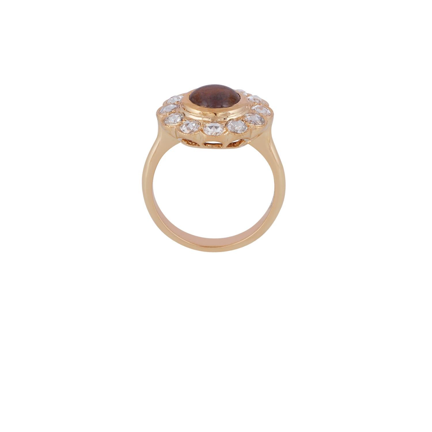 Art Deco Cyclone Cat's Eye & Diamond Surrounded By Brush Finish 18k Gold Ring For Sale