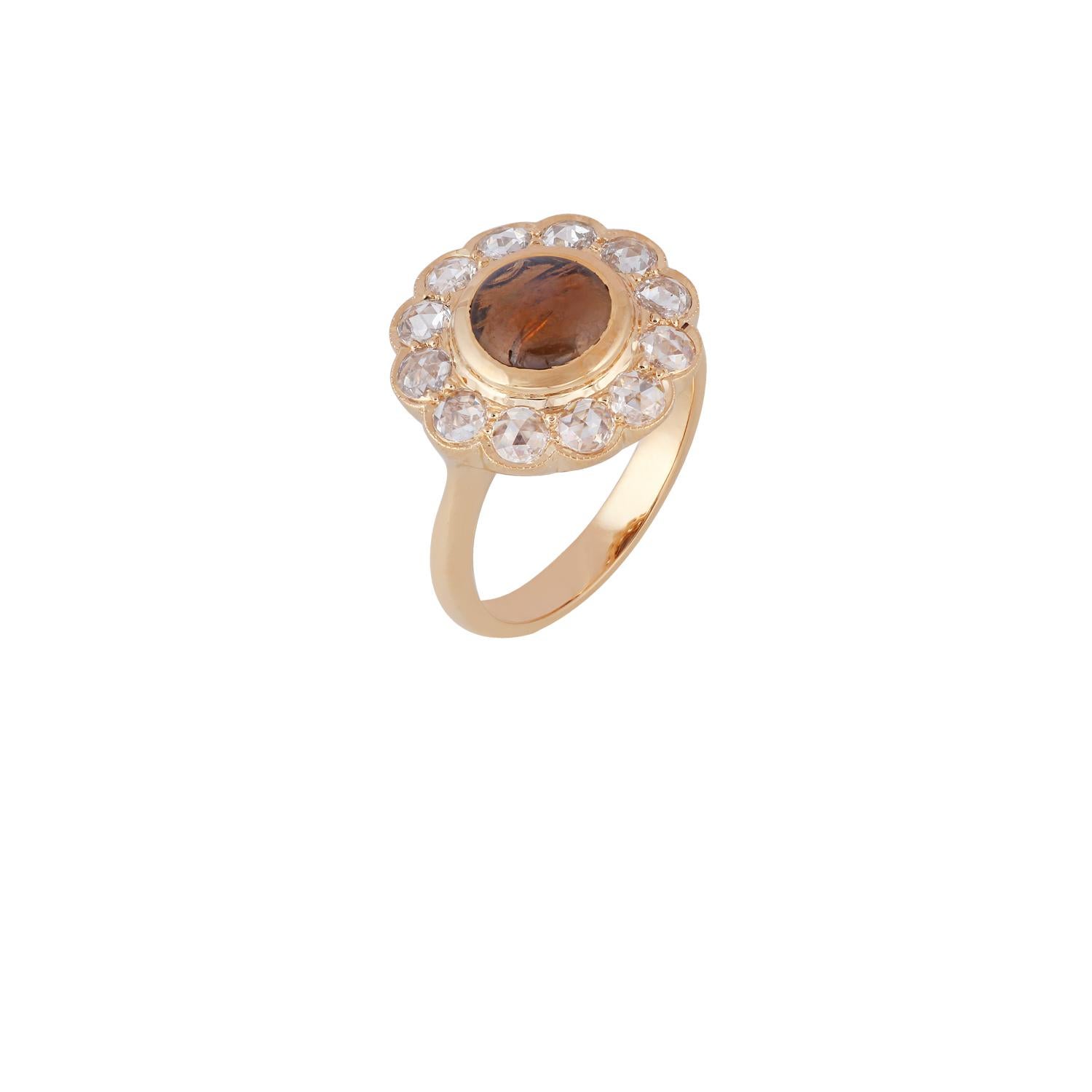 Cabochon Cyclone Cat's Eye & Diamond Surrounded By Brush Finish 18k Gold Ring For Sale