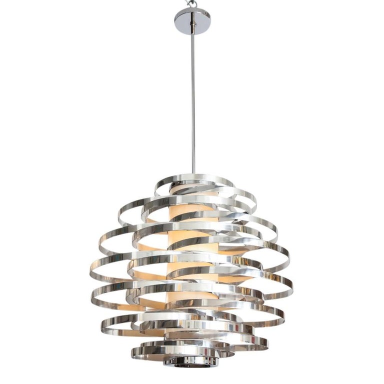 Mid-Century Modern Cyclone Chandelier, Aluminum, Metallic Chrome Bands For Sale