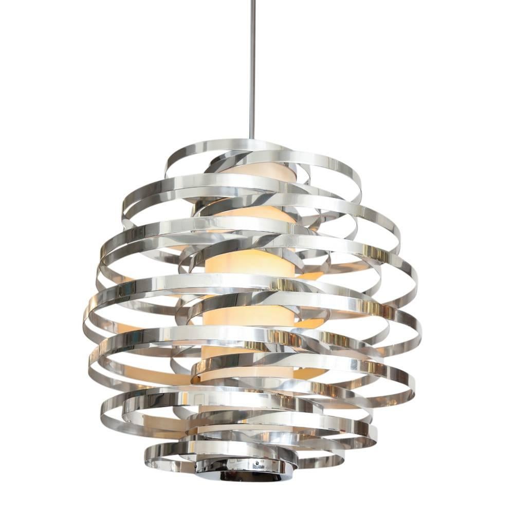 Mid-Century Modern Cyclone Chandelier, Aluminum, Metallic Chrome Bands For Sale