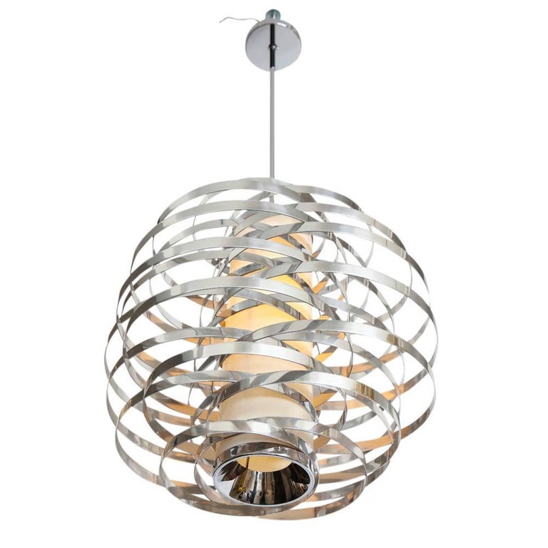 Cyclone Chandelier, Aluminum, Metallic Chrome Bands In Good Condition For Sale In New York, NY