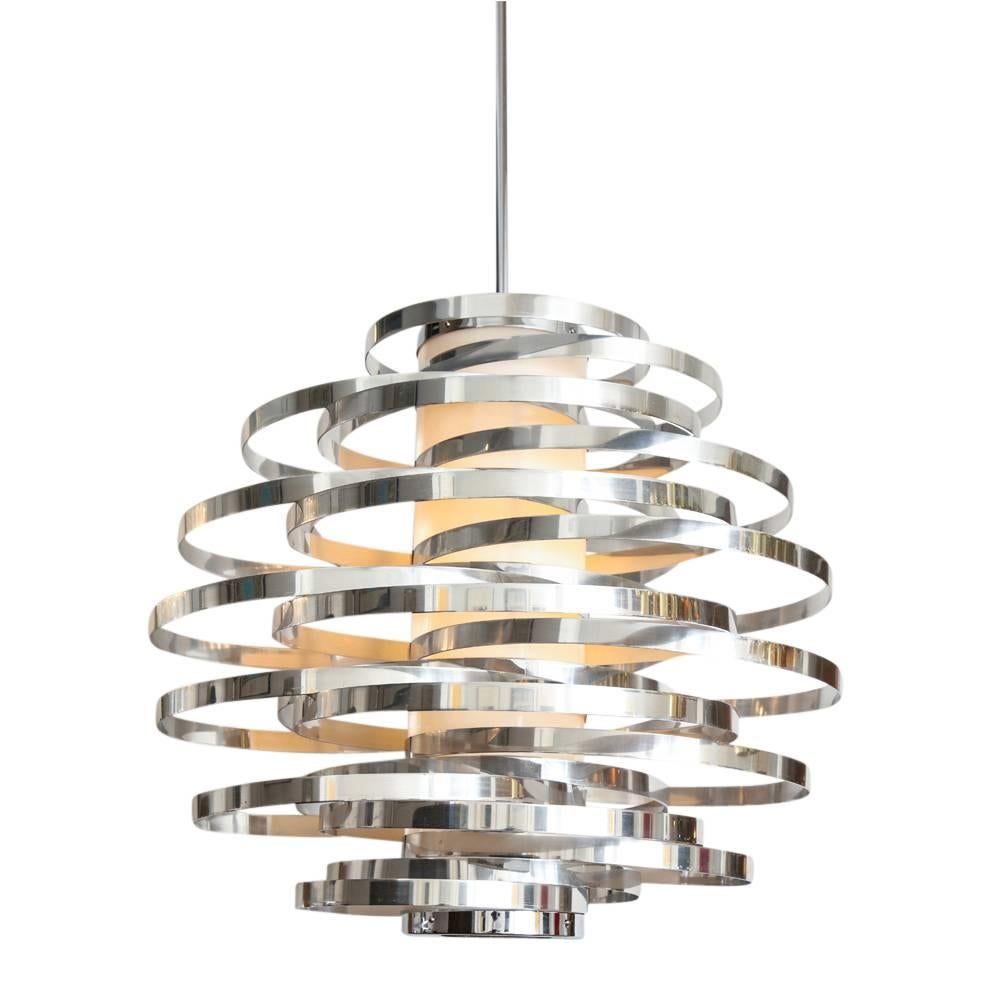 Cyclone Chandelier, Aluminum, Metallic Chrome Bands In Good Condition For Sale In New York, NY