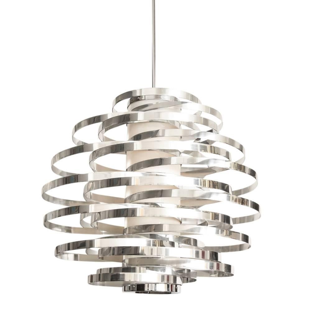 Late 20th Century Cyclone Chandelier, Aluminum, Metallic Chrome Bands For Sale