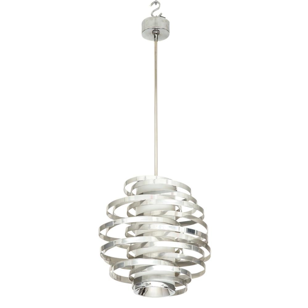Cyclone chandelier pendant lamp, chrome silver, aluminum. The smaller scale version of this ribbon light fixture. Constructed of polished aluminum bands and a cylindrical plastic diffuser. The body of the fixture measures: 17
