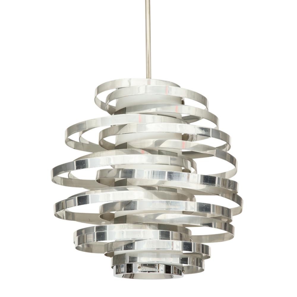 Late 20th Century Cyclone Chandelier Pendant Lamp, Chrome Silver, Aluminum For Sale
