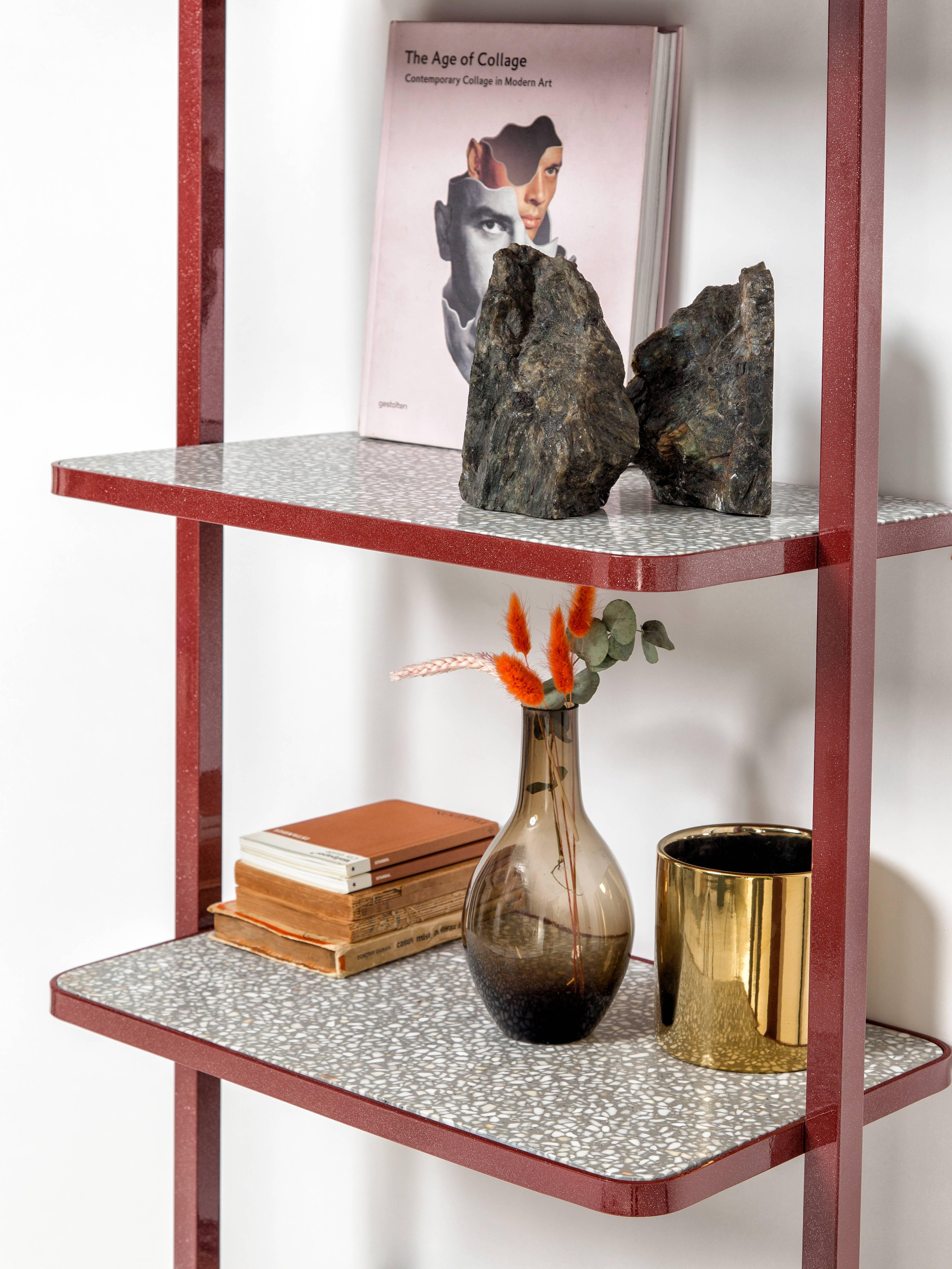 Cyclopedia Bookshelf in Bordeaux Powder Coated Metal and Gray Terrazzo In New Condition For Sale In New York, NY