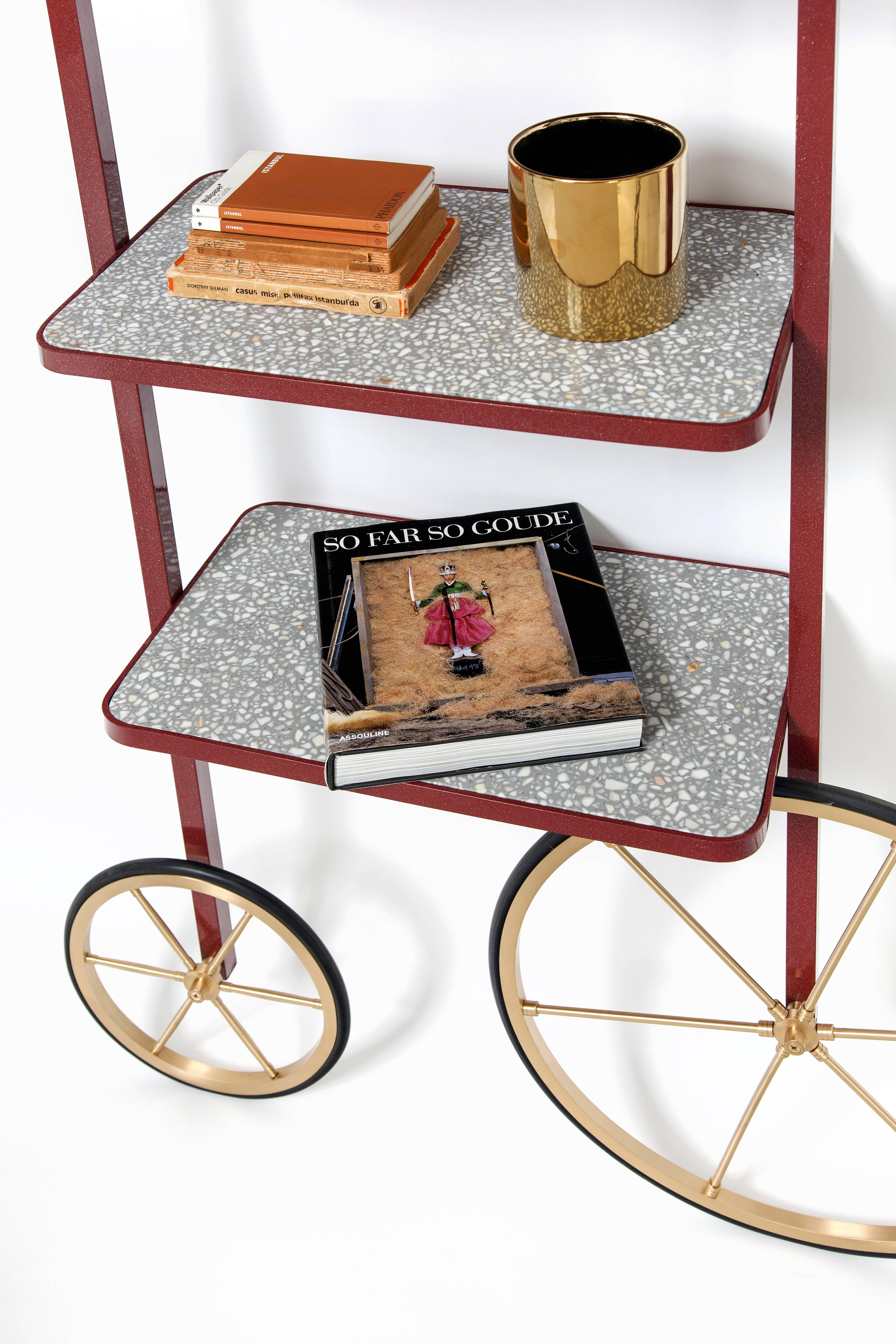 Librería Cyclopedia de metal pulverizado burdeos y terrazo gris en venta 1