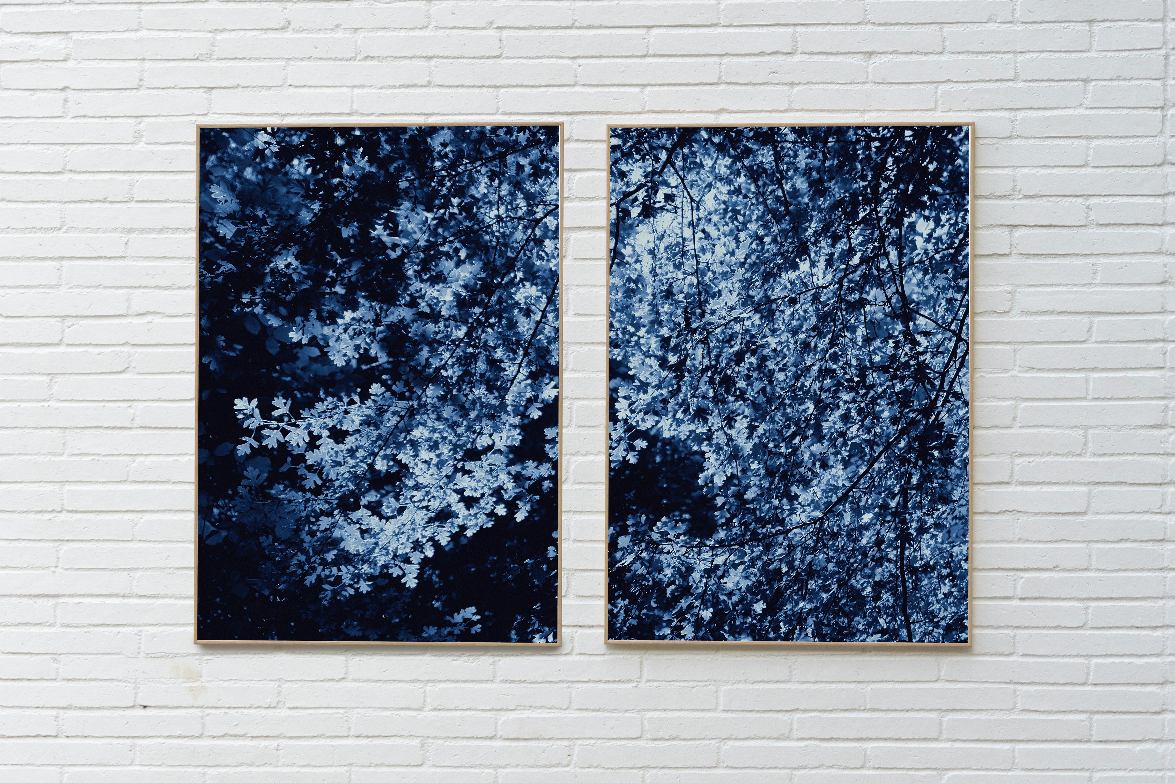 Dark Forest, Giclée Print Diptych Landscape, Blue Tones Impressionist Leaves - Black Abstract Print by Cyd Fontaine