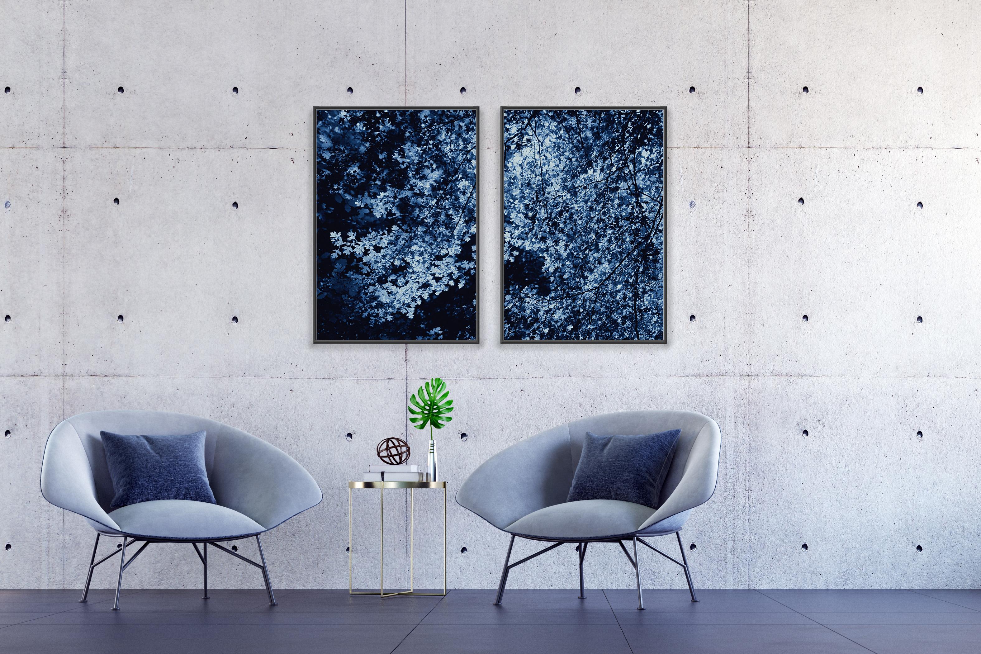 Dark Forest, Giclée Print Diptych Landscape, Blue Tones Impressionist Leaves For Sale 1