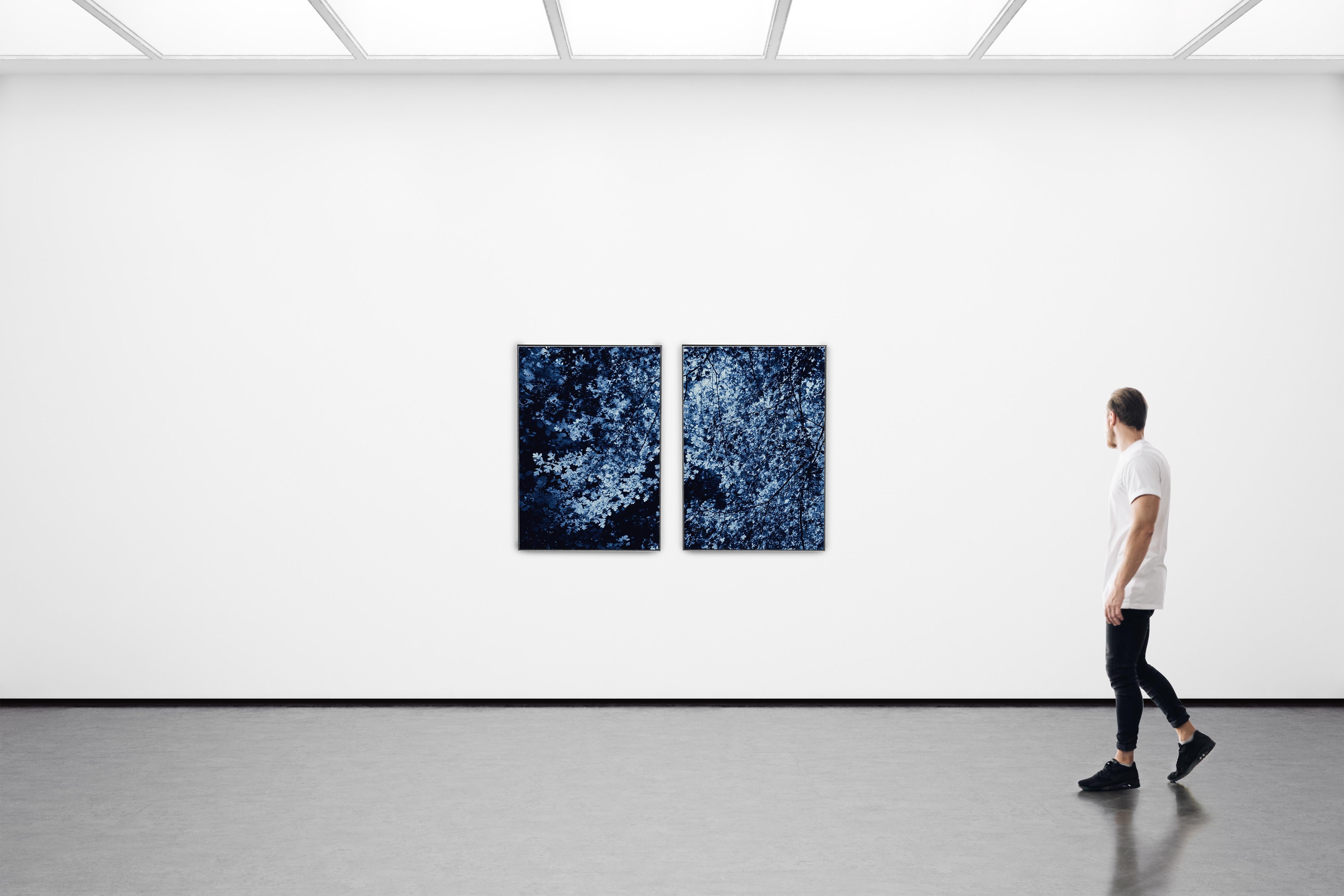 Dark Forest, Giclée Print Diptych Landscape, Blue Tones Impressionist Leaves For Sale 2