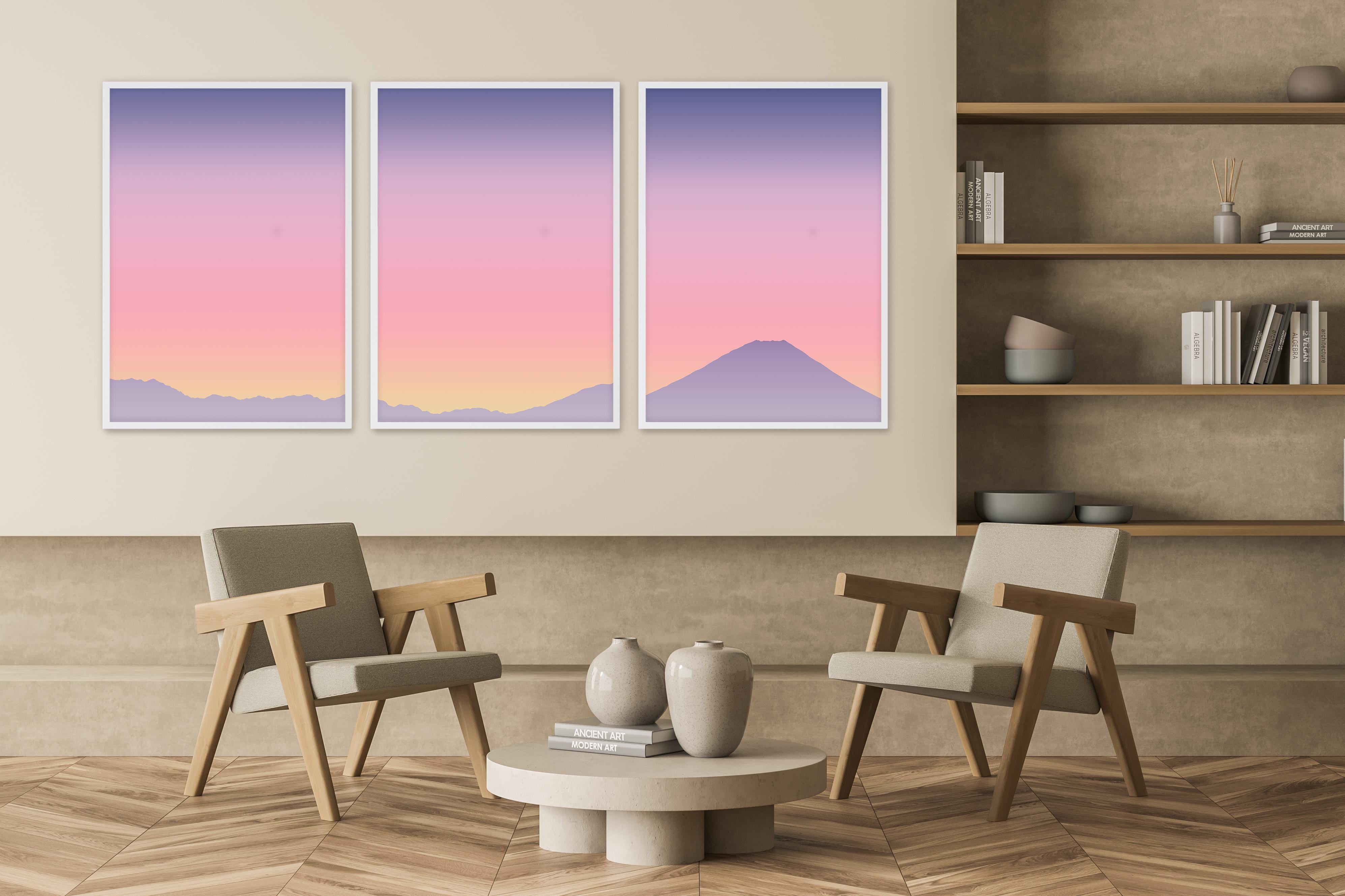 Skyline Triptych of Mount Fuji Sunset, Gradient Pink to Blue, GIicée Print, 2024 For Sale 5