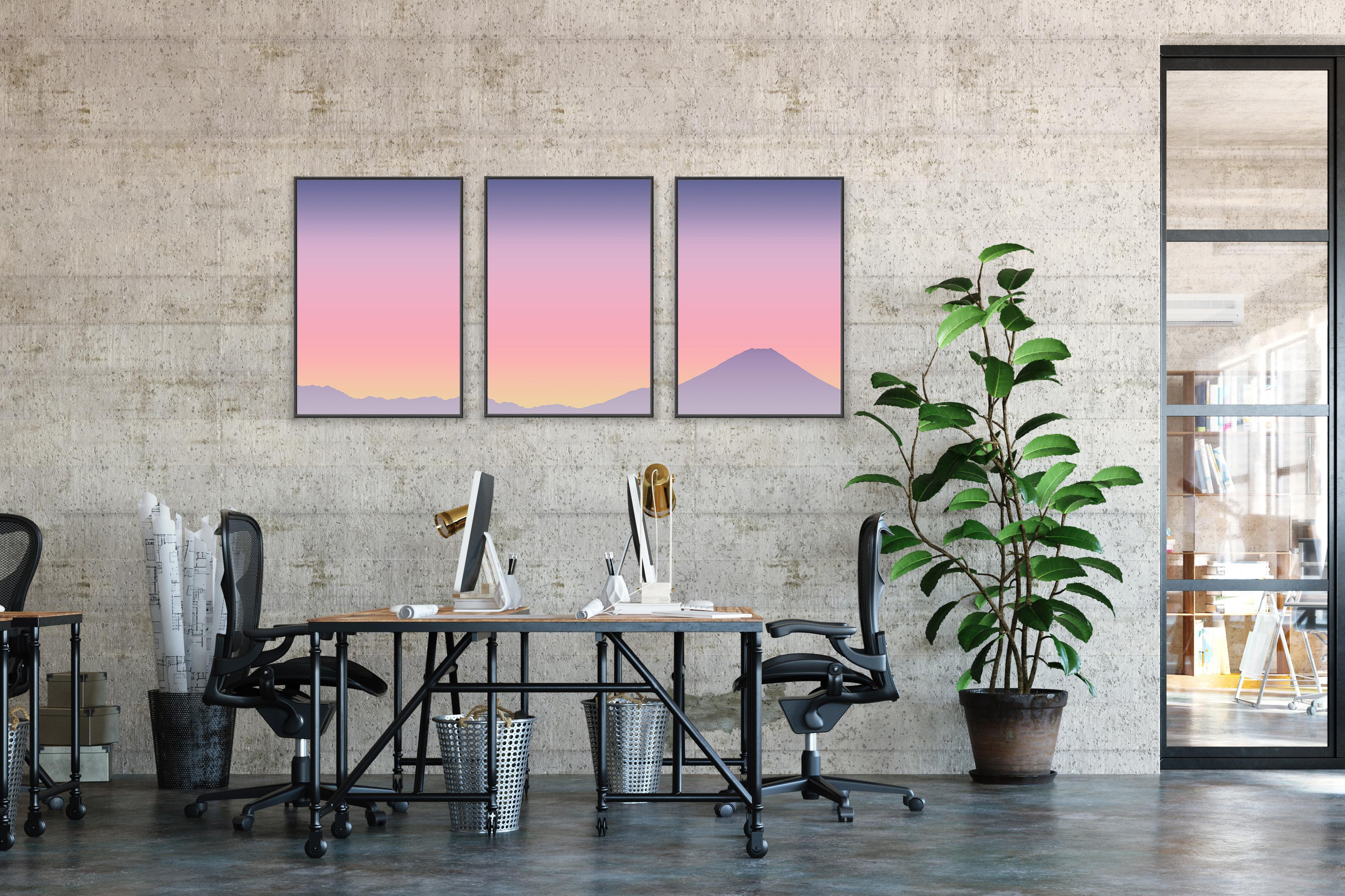Skyline Triptych of Mount Fuji Sunset, Gradient Pink to Blue, GIicée Print, 2024 For Sale 6