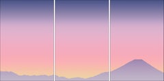 Trittico Skyline del Monte Fuji al tramonto, gradiente rosa-blu, stampa GIicée, 2024