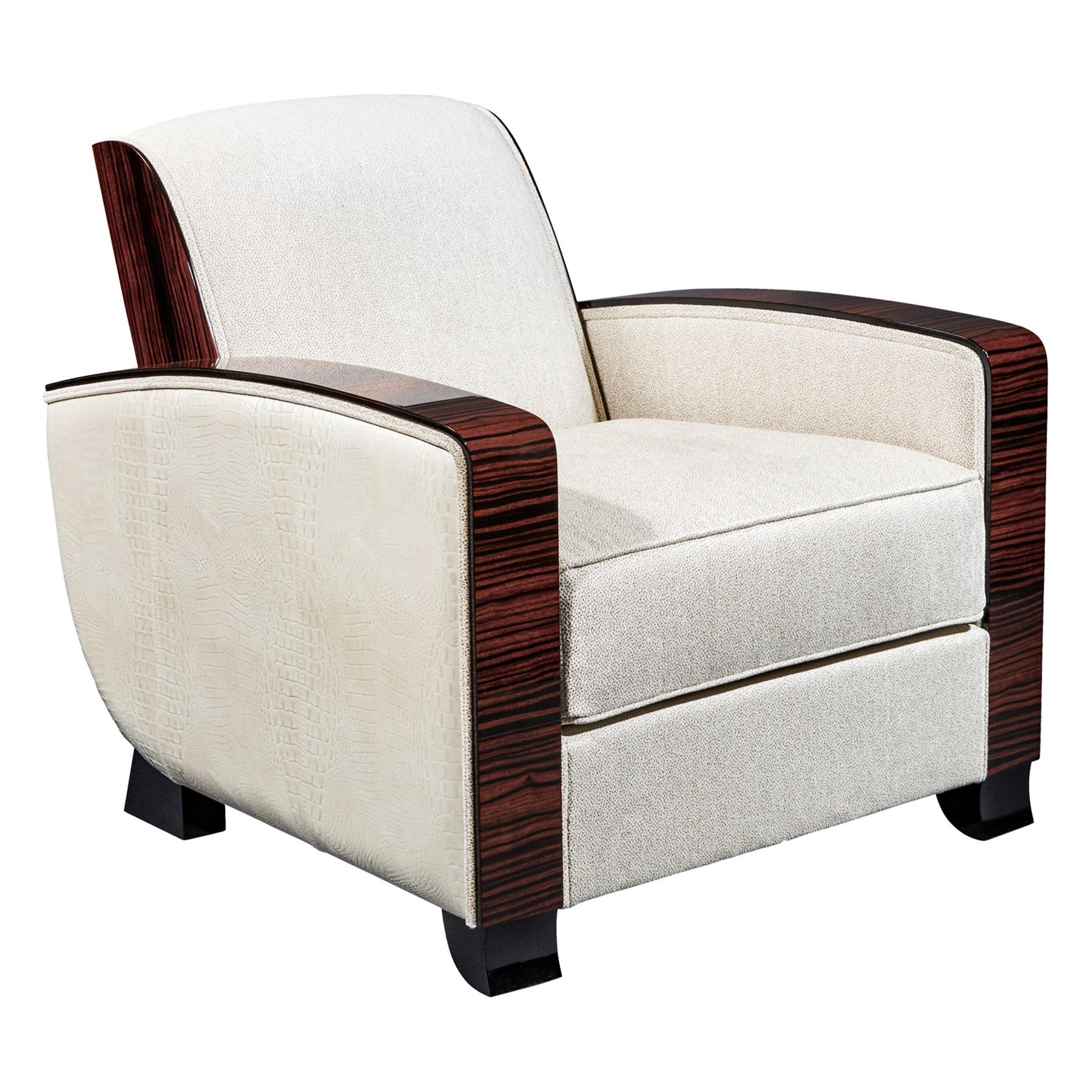 Cygal Art Deco Club Chair in Macassar Ebony, Off White Dedar Textile For Sale