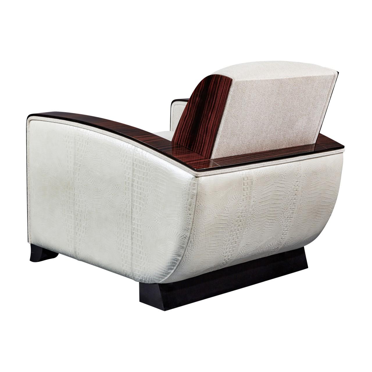Classic Art Deco club chair. Finest Macassar ebony set off by off white upholstery in Dedar textile 