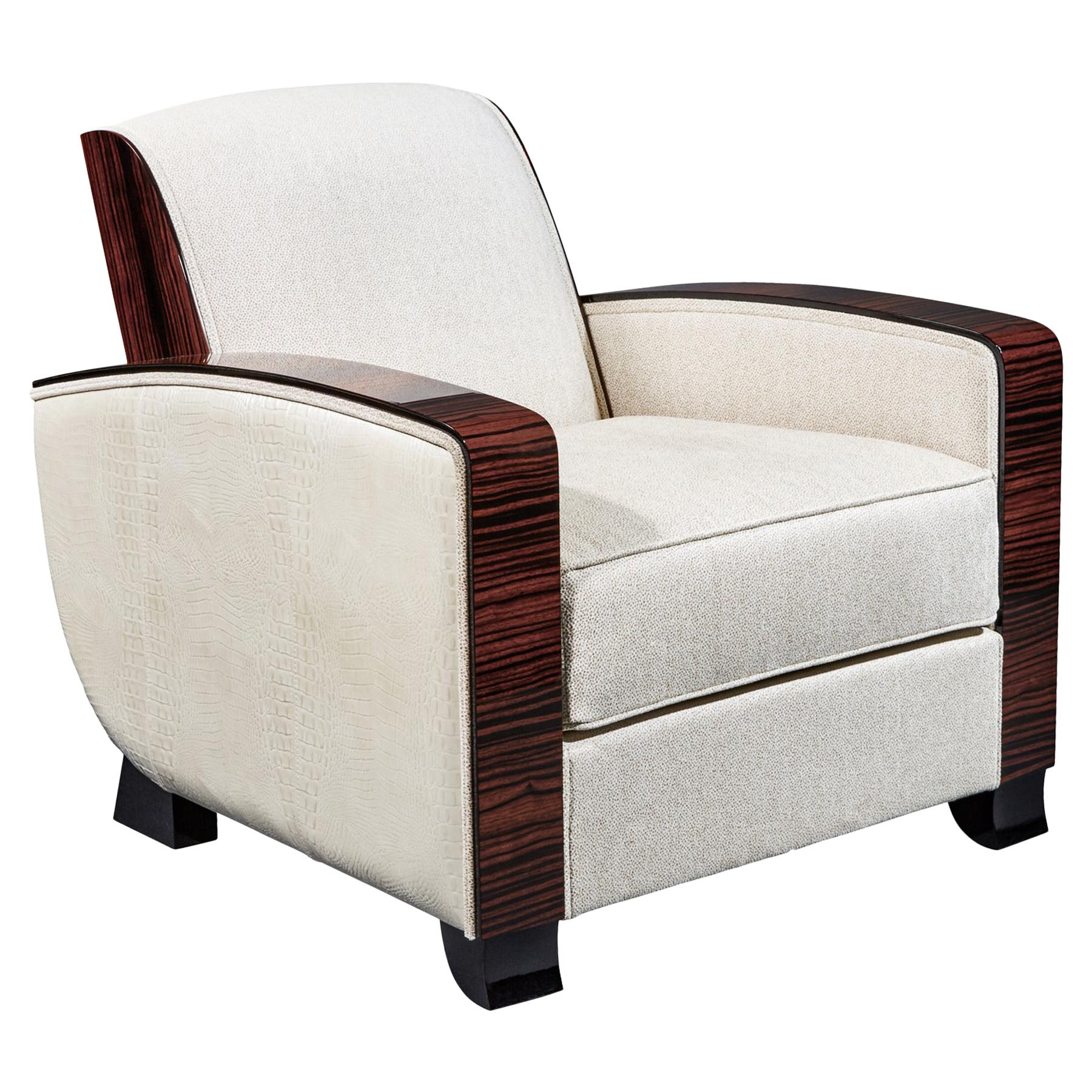 Cygal Art Deco Macassar Ebony Club Chair, Off-White Dedar Upholstery, in Stock For Sale