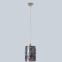Cylinder Brown Blue Ceramic Pendant Light, Denmark, 1970