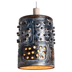 Cylinder Brown Blue Ceramic Pendant Light, Denmark, 1970