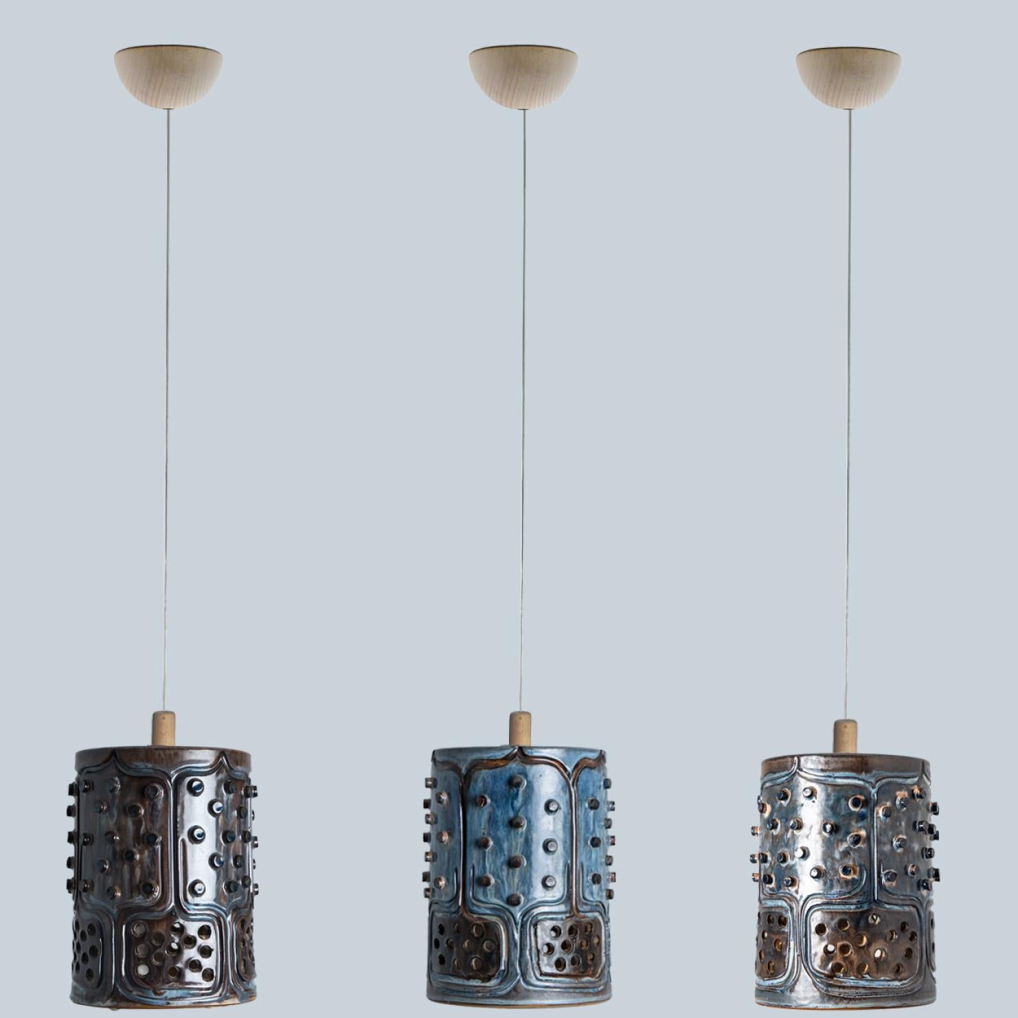 Cylinder Brown Ceramic Pendant Light, Denmark, 1970 For Sale 3